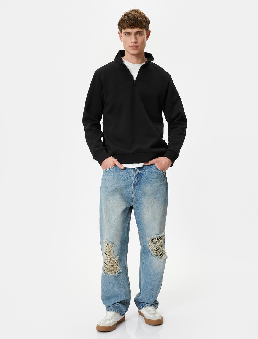   Yarım Fermuarlı Sweatshirt Basic Dik Yaka Ribanalı Uzun Kollu Şardonlu