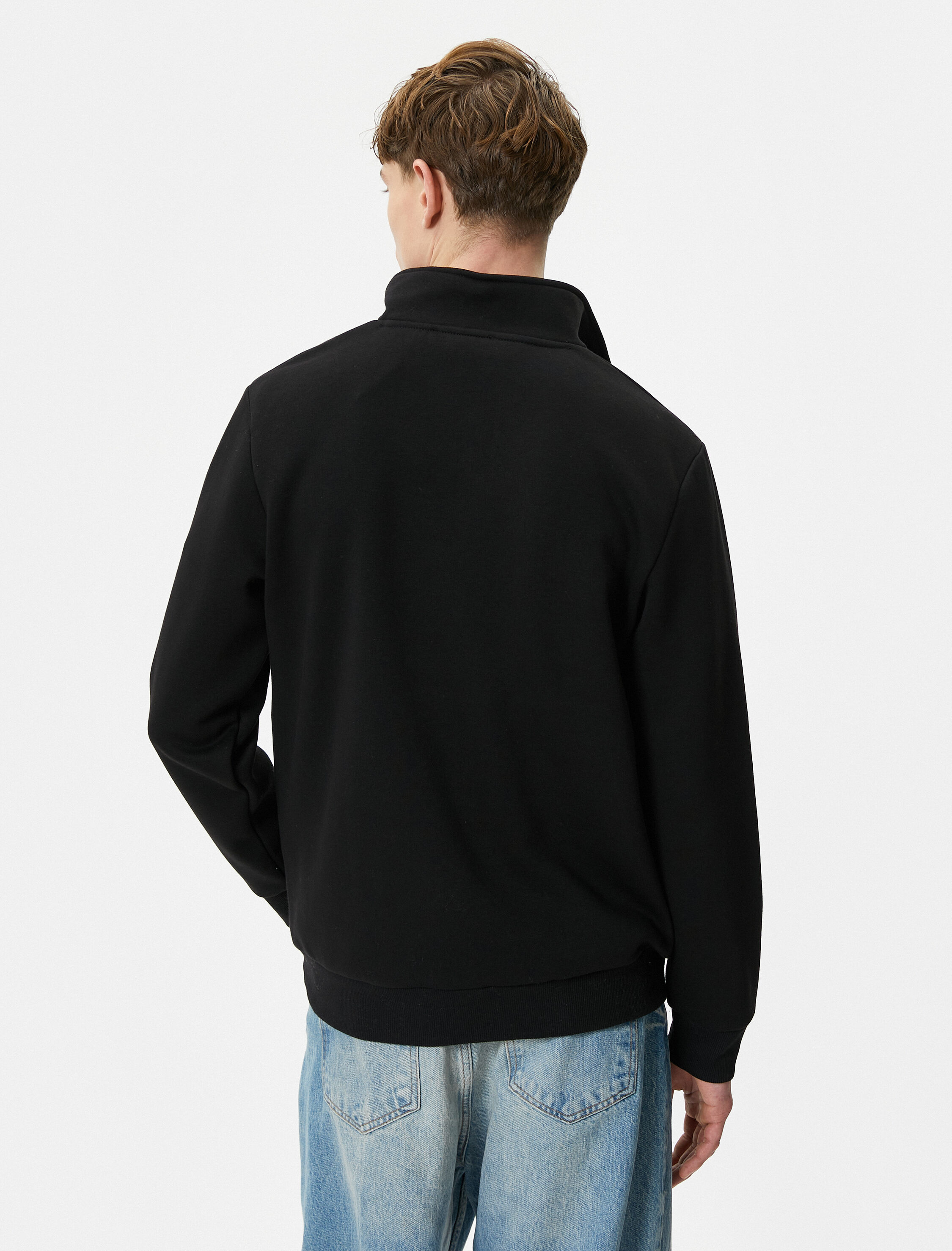   Yarım Fermuarlı Sweatshirt Basic Dik Yaka Ribanalı Uzun Kollu Şardonlu