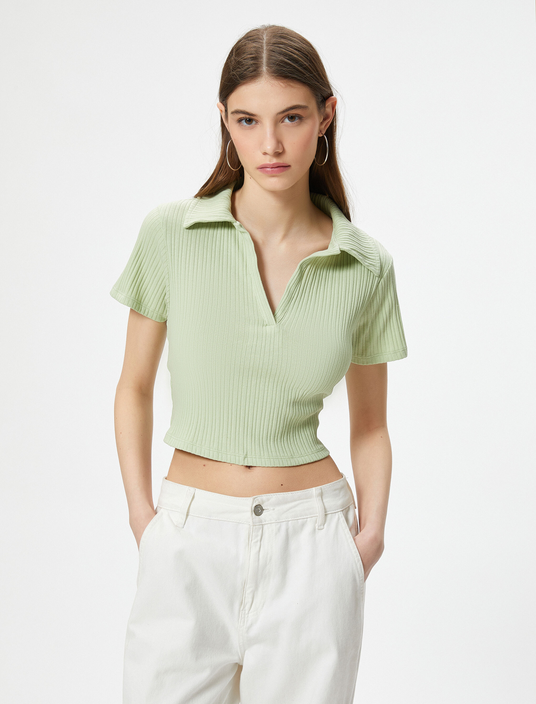   Polo Yaka Crop Tişört Kısa Kollu Ribanalı Pamuklu