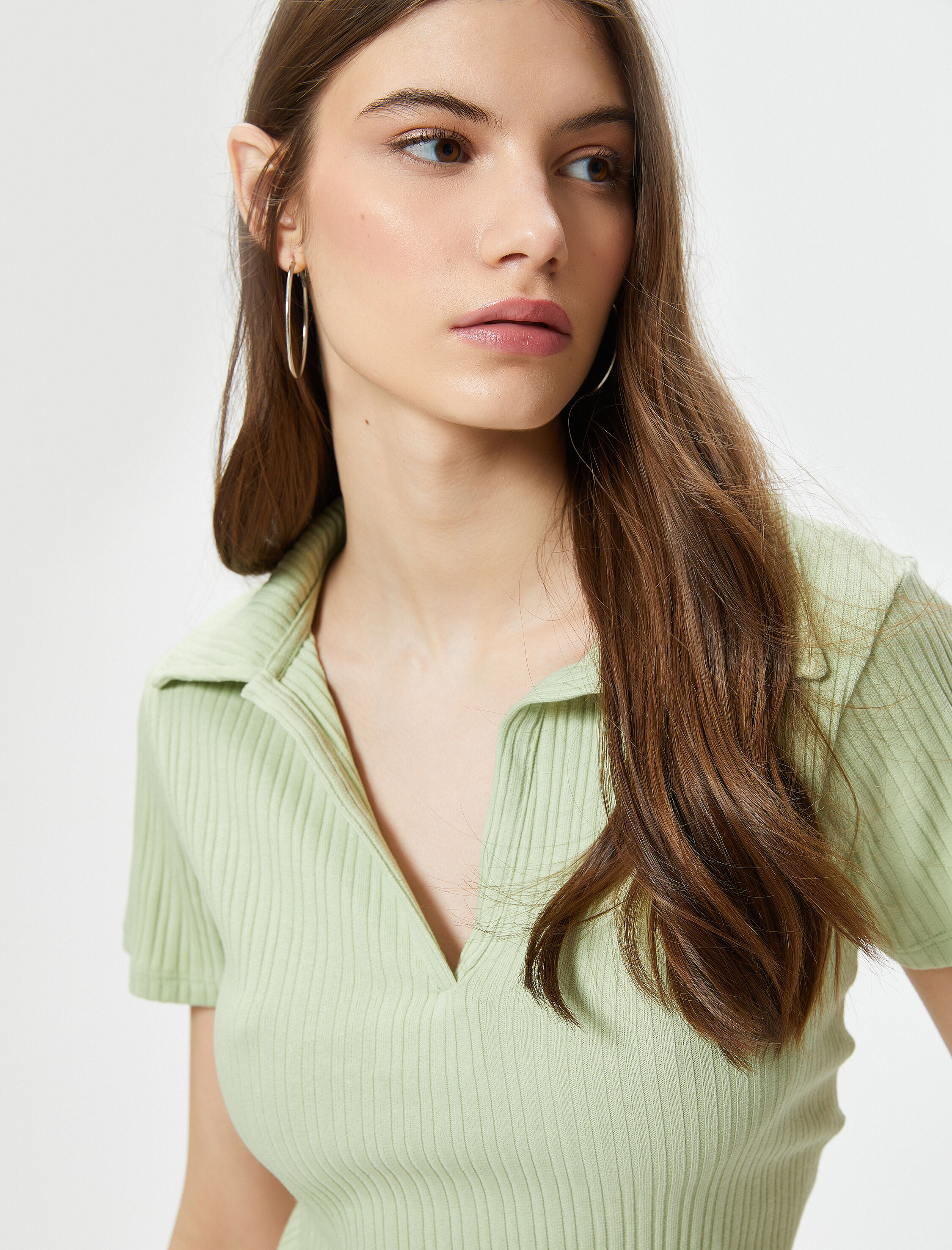   Polo Yaka Crop Tişört Kısa Kollu Ribanalı Pamuklu