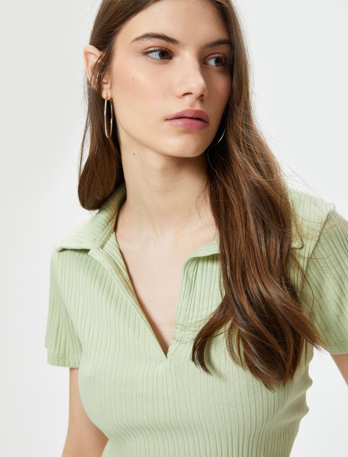  Polo Yaka Crop Tişört Kısa Kollu Ribanalı Pamuklu