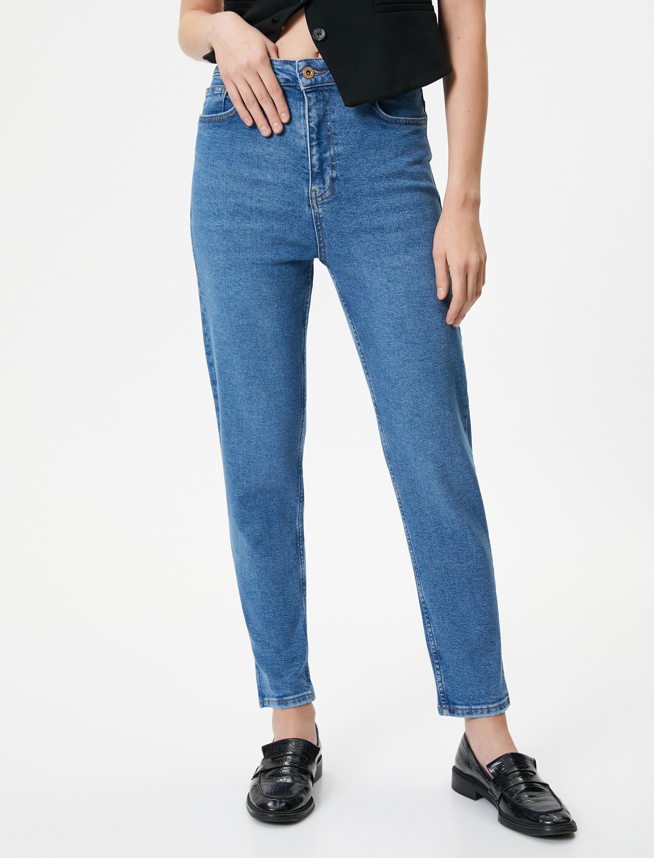   Yüksek Bel Slim Fit Kot Pantolon Rahat Kesim Dar Crop Paça Esnek Pamuklu - Mom Jean