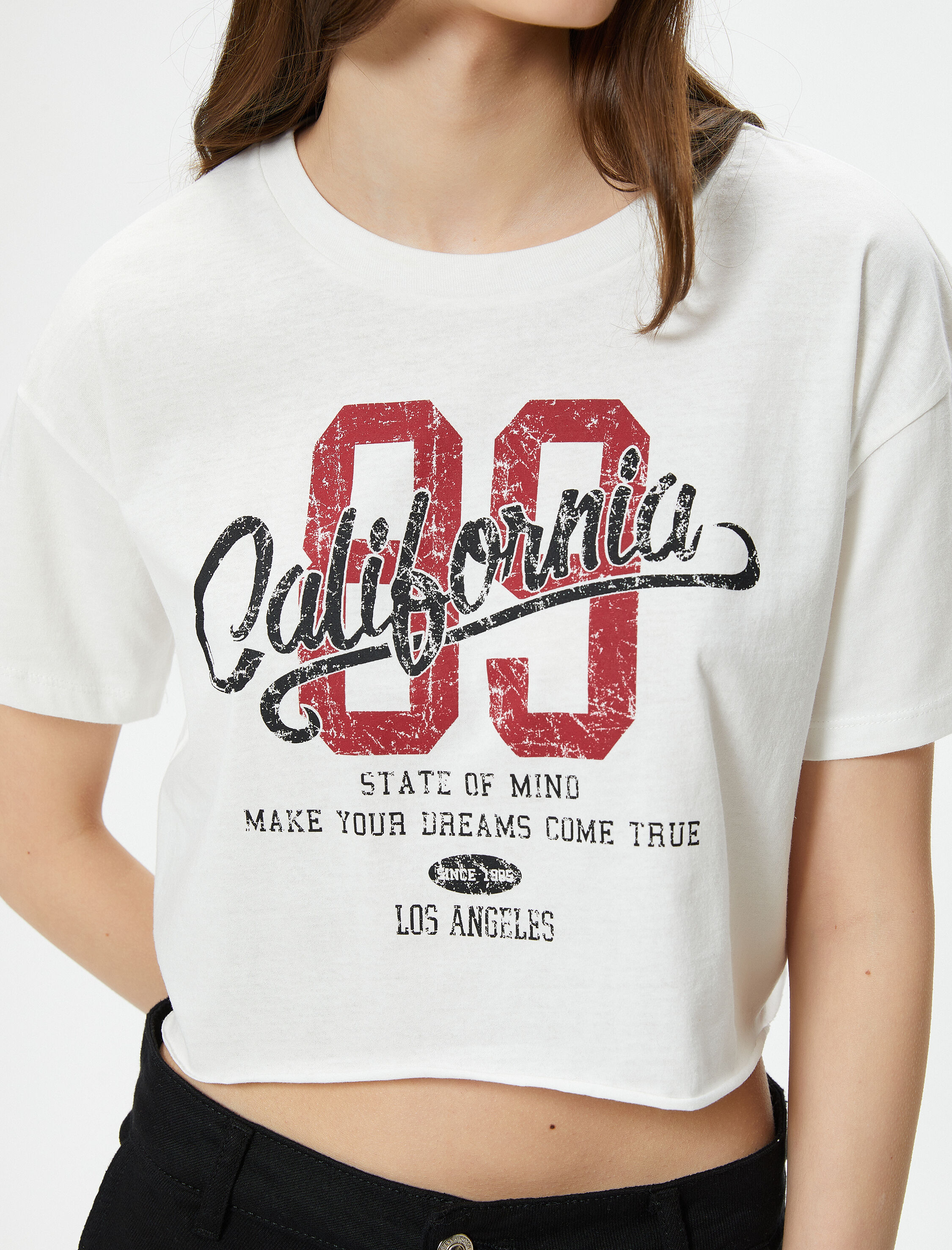   Kolej Crop Tişört Baskılı Rahat Kesim Kısa Kollu Bisiklet Yaka Pamuklu