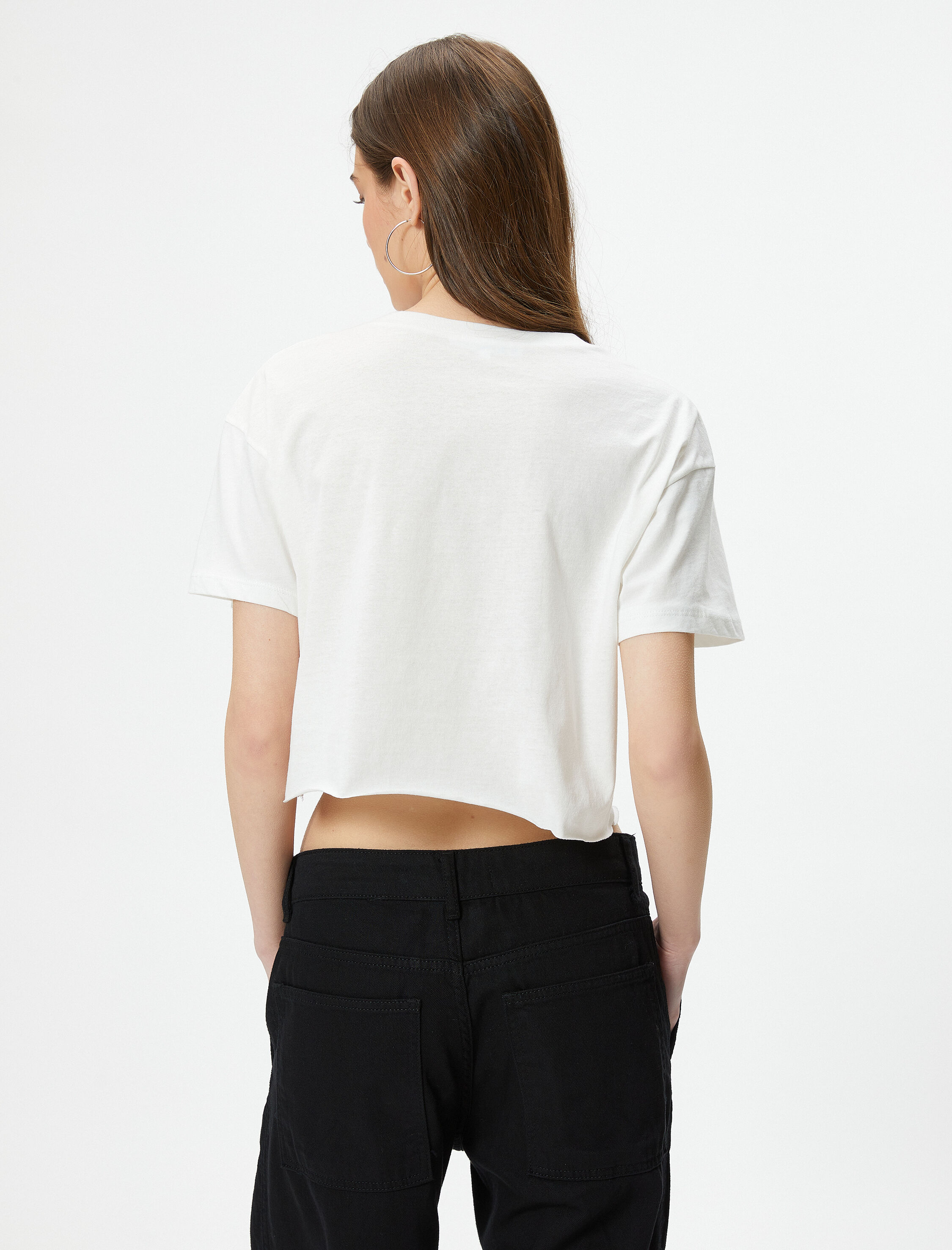   Kolej Crop Tişört Baskılı Rahat Kesim Kısa Kollu Bisiklet Yaka Pamuklu