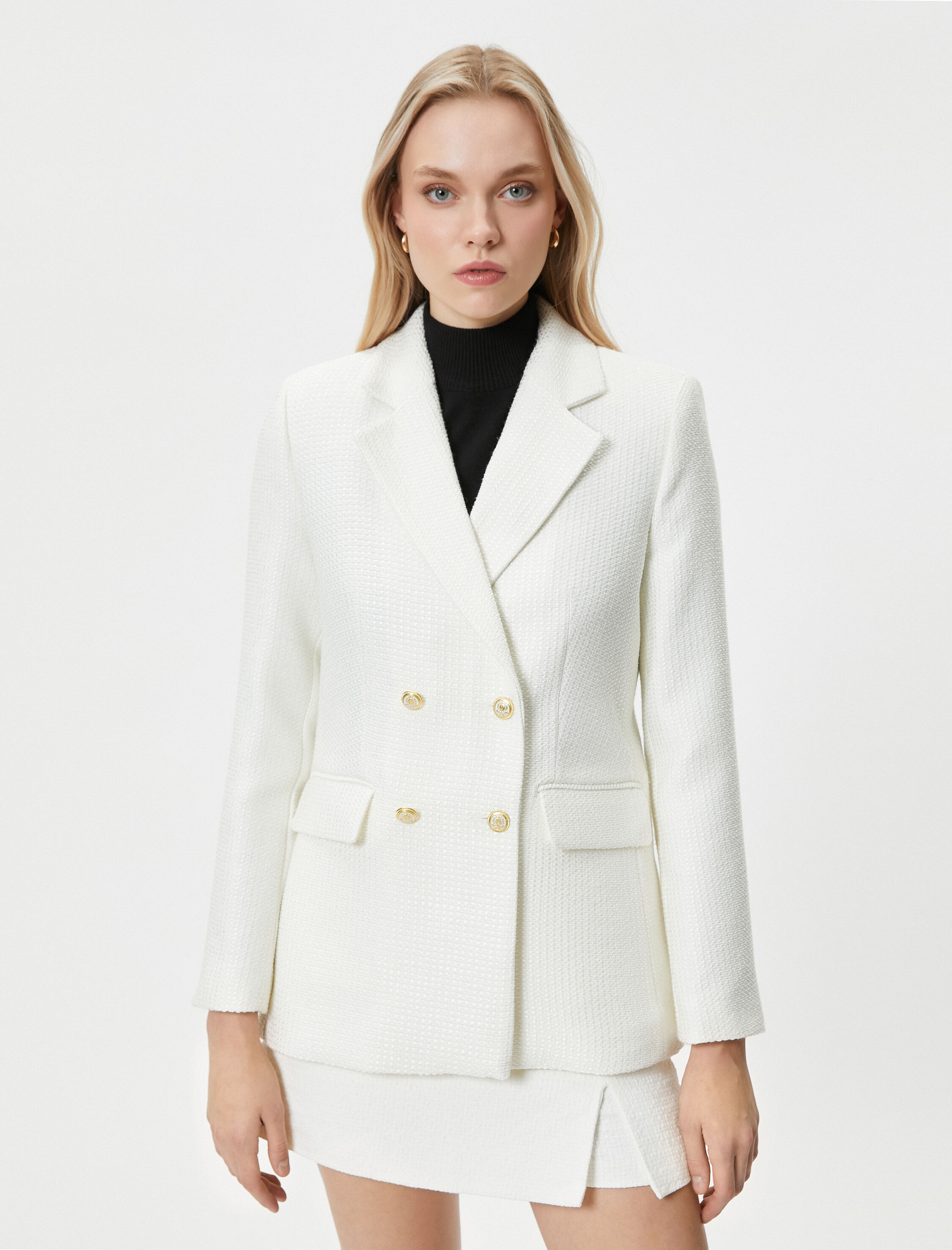   Tüvit Blazer Ceket Kruvaze Düğmeli Cepli