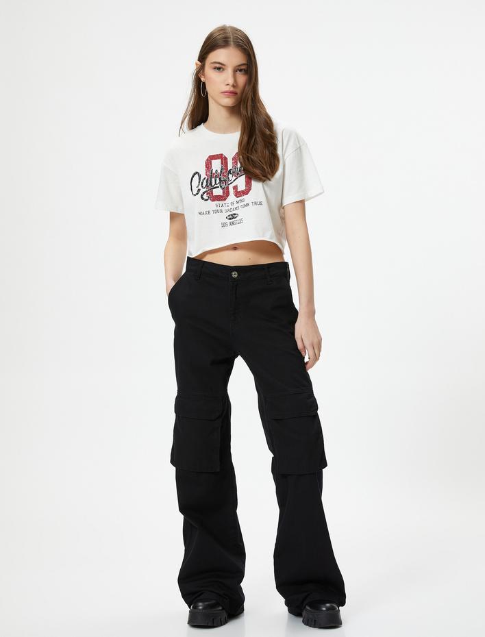  Kolej Crop Tişört Baskılı Rahat Kesim Kısa Kollu Bisiklet Yaka Pamuklu