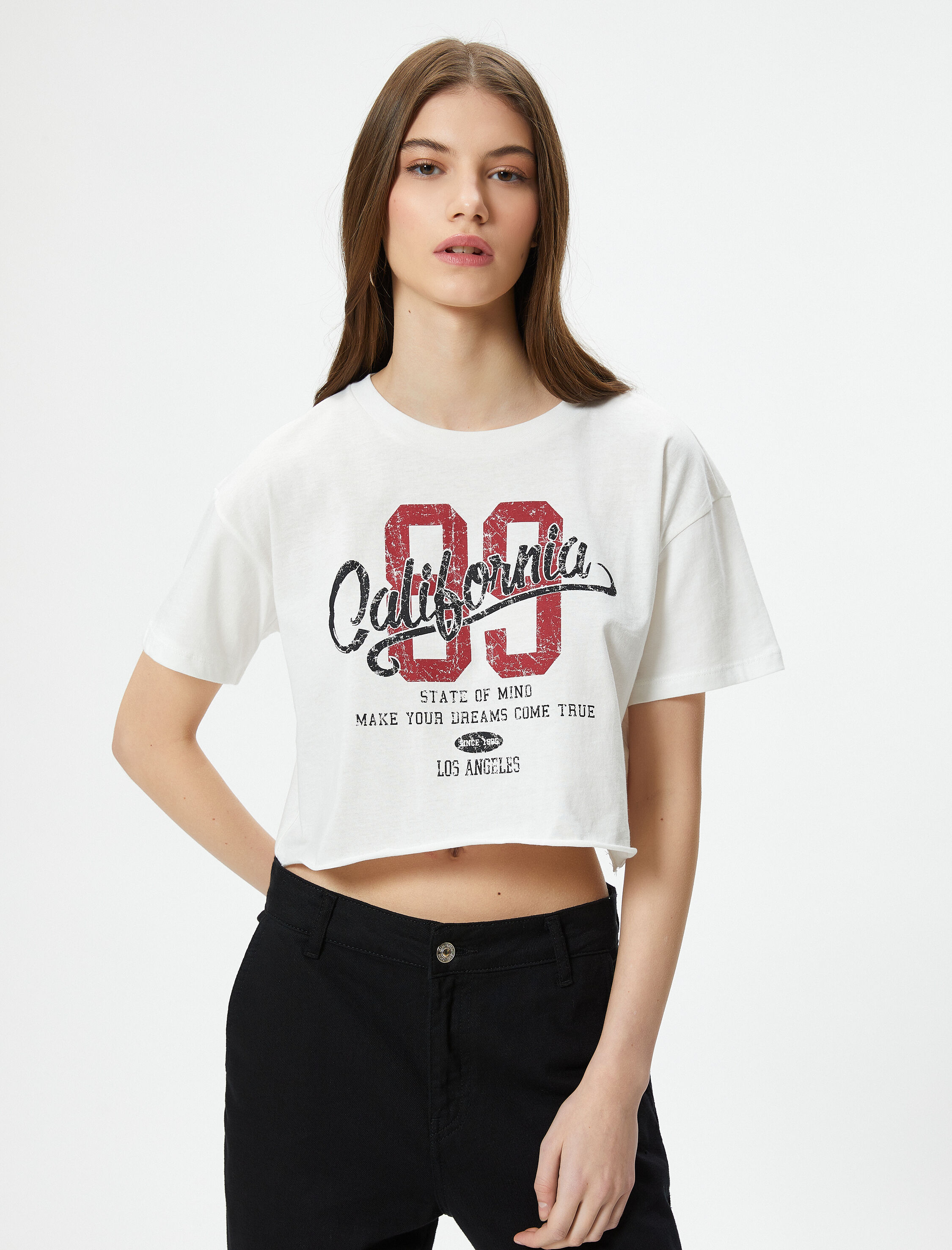   Kolej Crop Tişört Baskılı Rahat Kesim Kısa Kollu Bisiklet Yaka Pamuklu