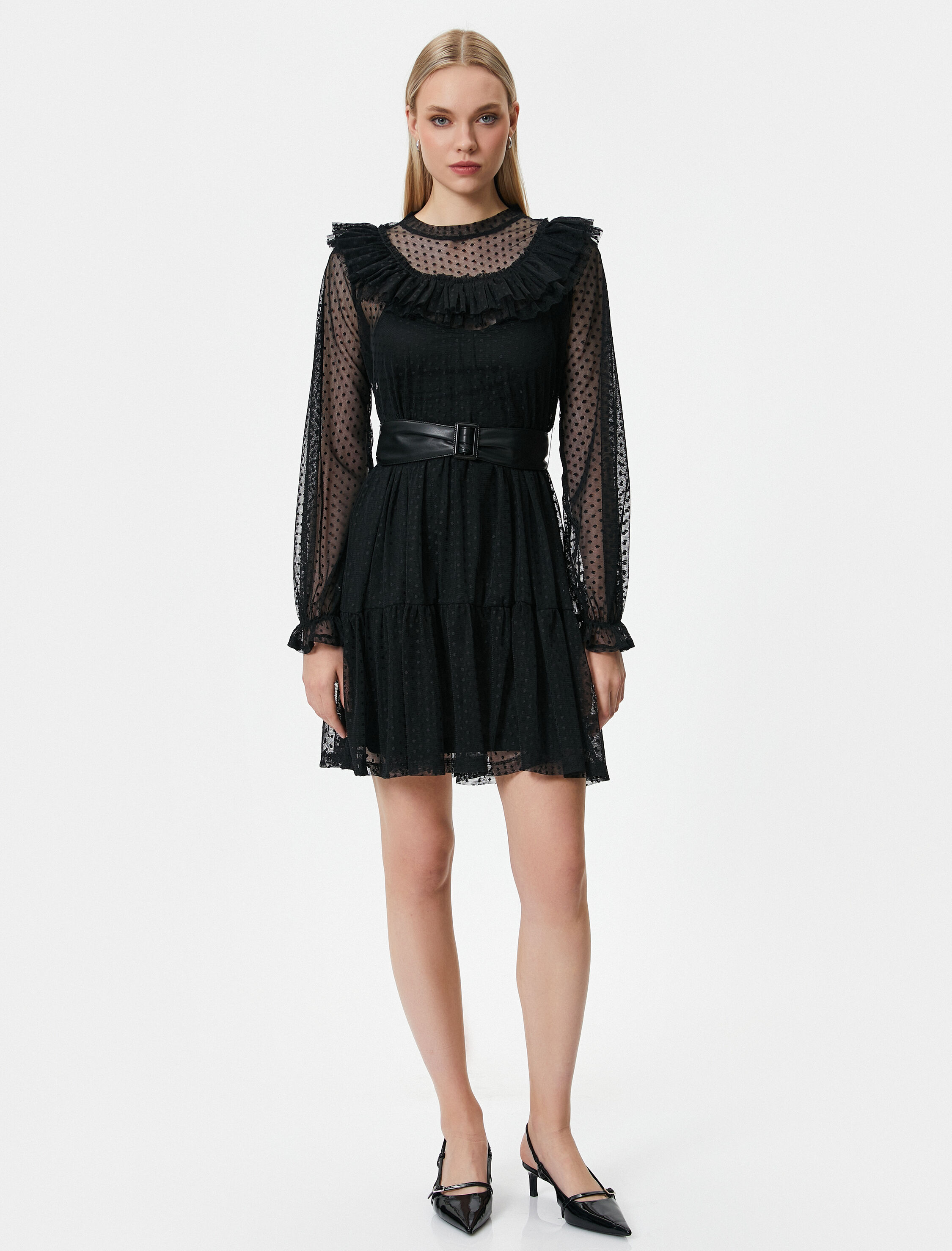   Mini Dantelli Elbise Fırfırlı Bisiklet Yaka Kemer Detaylı