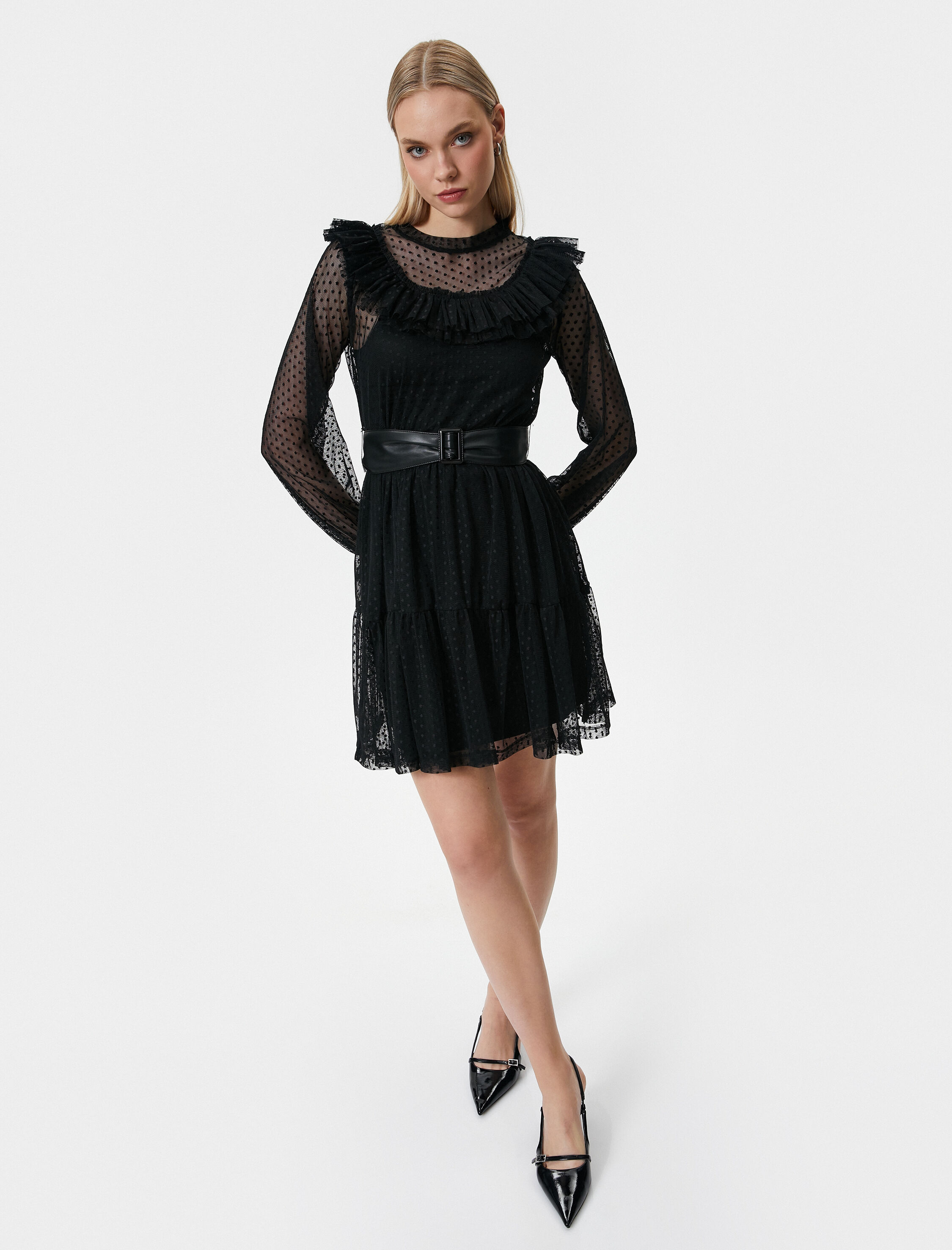   Mini Dantelli Elbise Fırfırlı Bisiklet Yaka Kemer Detaylı