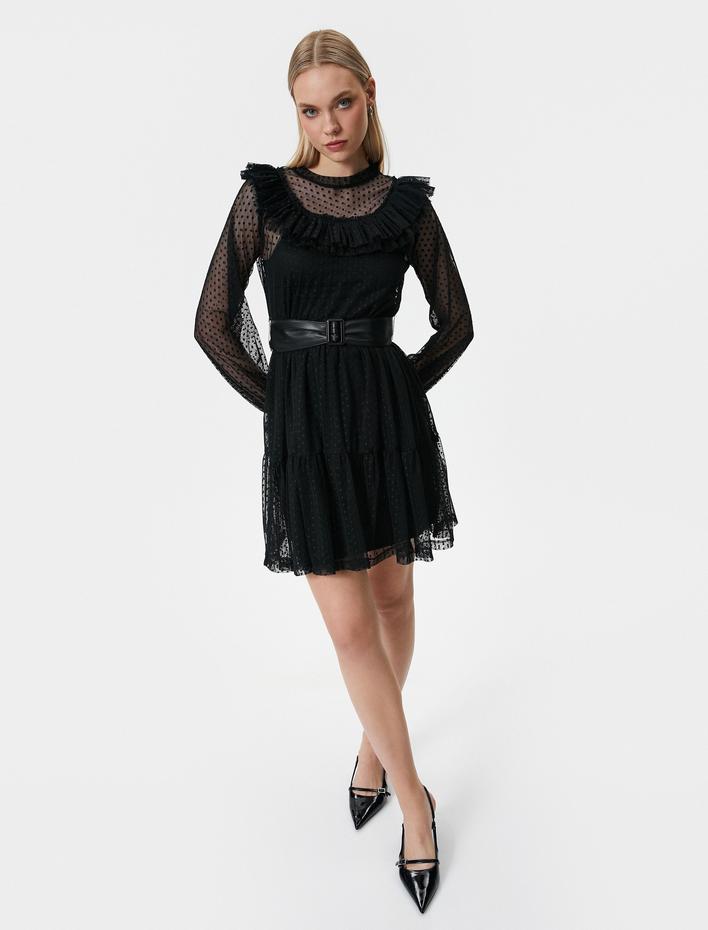  Mini Dantelli Elbise Fırfırlı Bisiklet Yaka Kemer Detaylı