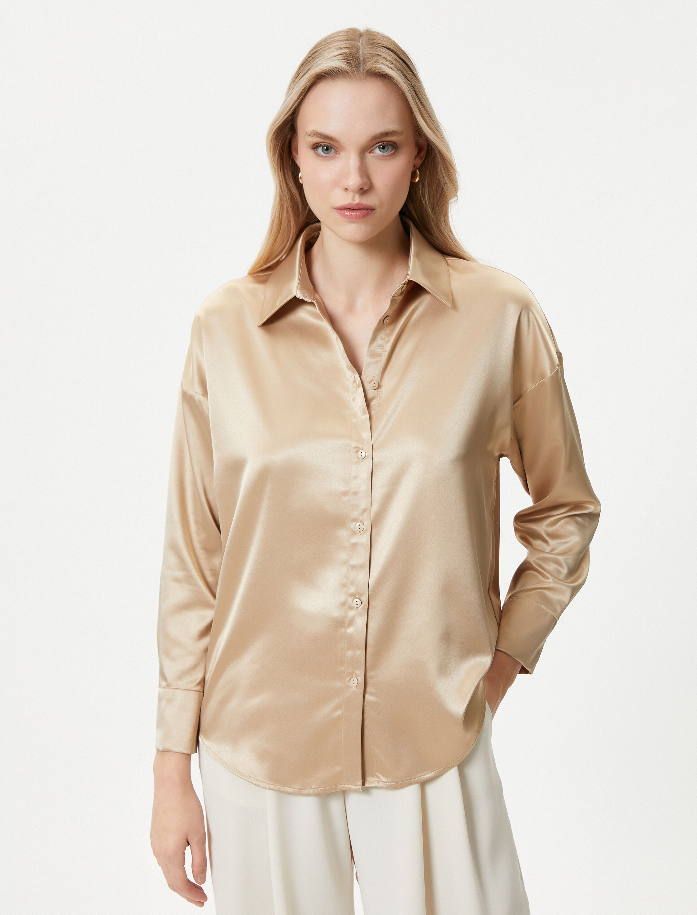 Saten Gömlek Uzun Kollu Düğmeli Klasik Yaka