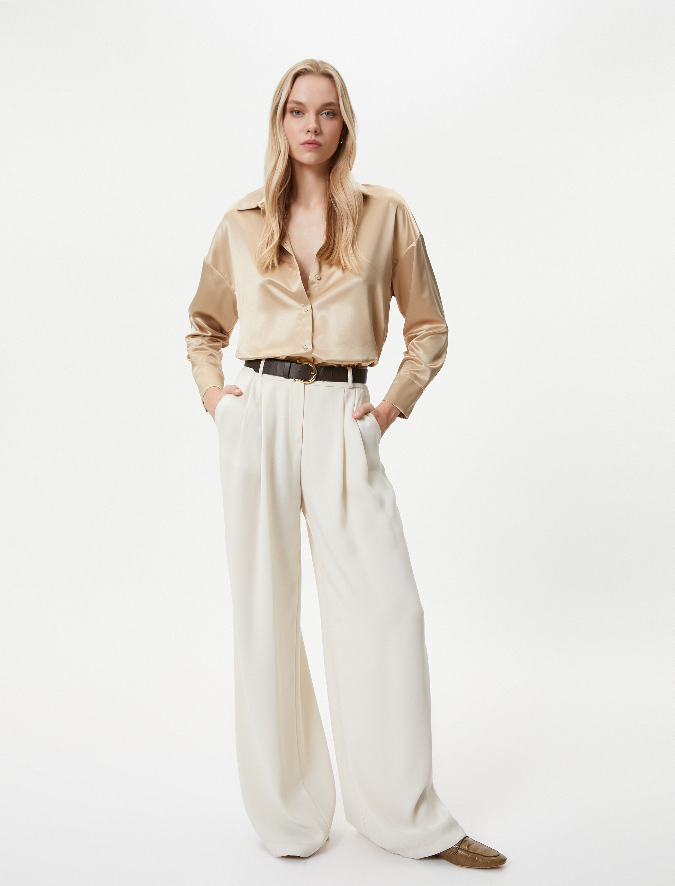 Saten Gömlek Uzun Kollu Düğmeli Klasik Yaka