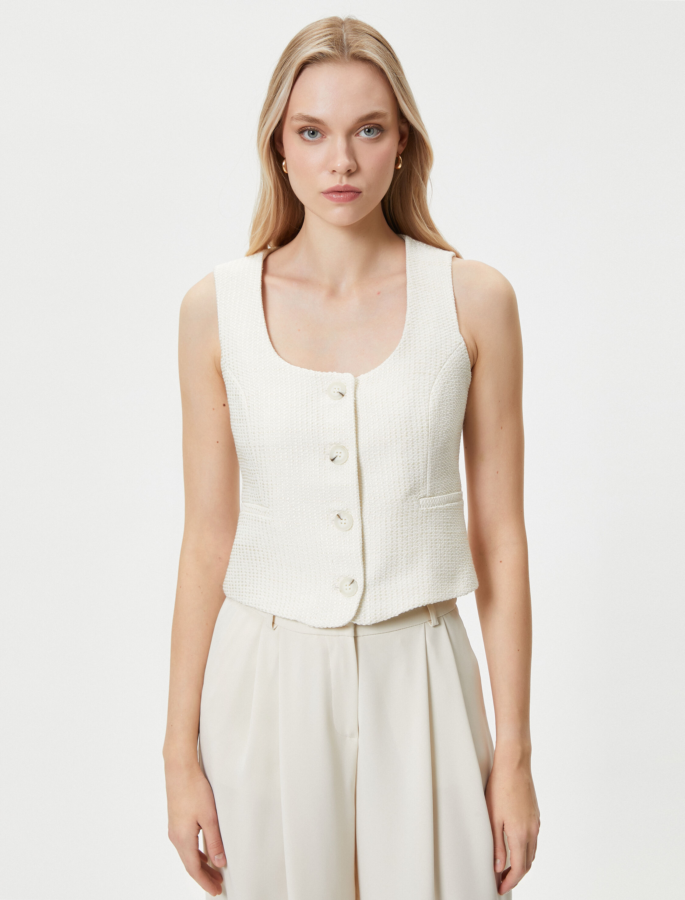   Tüvit Yelek Kare Yaka Düğmeli Fleto Cepli