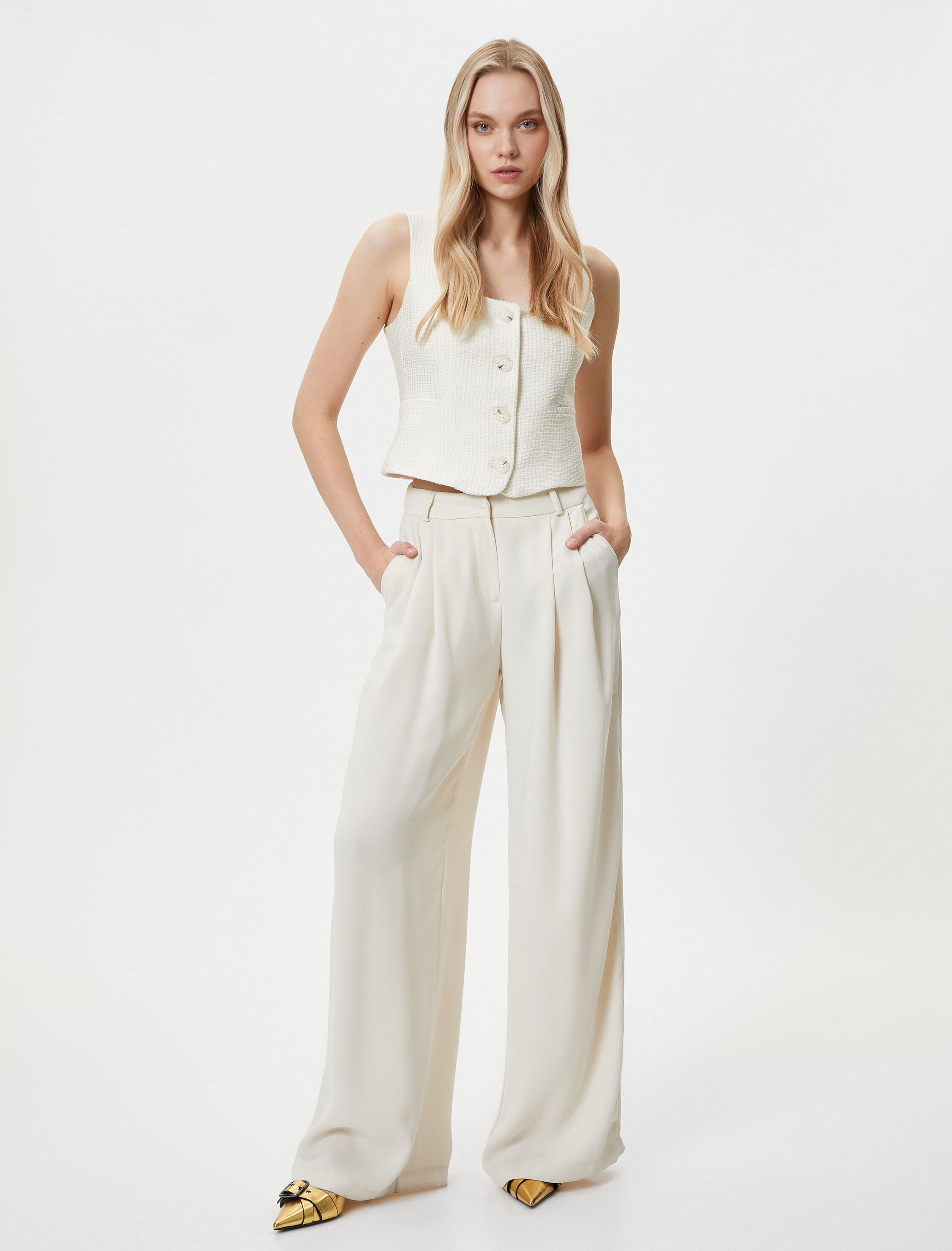   Tüvit Yelek Kare Yaka Düğmeli Fleto Cepli