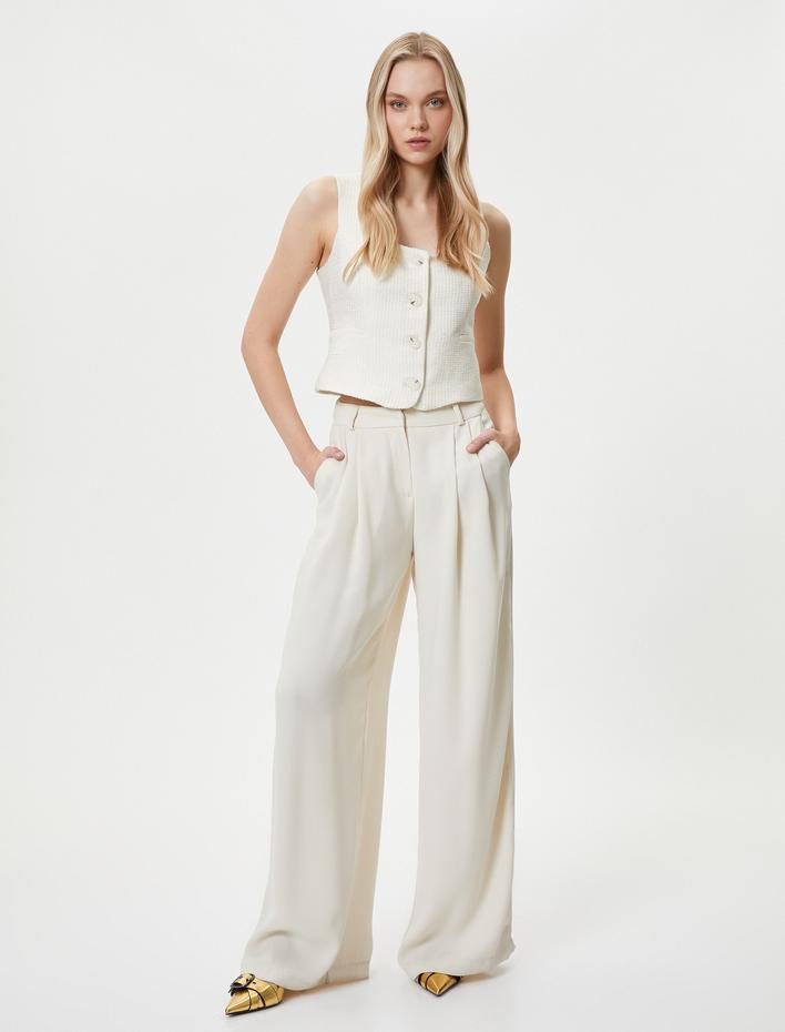  Tüvit Yelek Kare Yaka Düğmeli Fleto Cepli