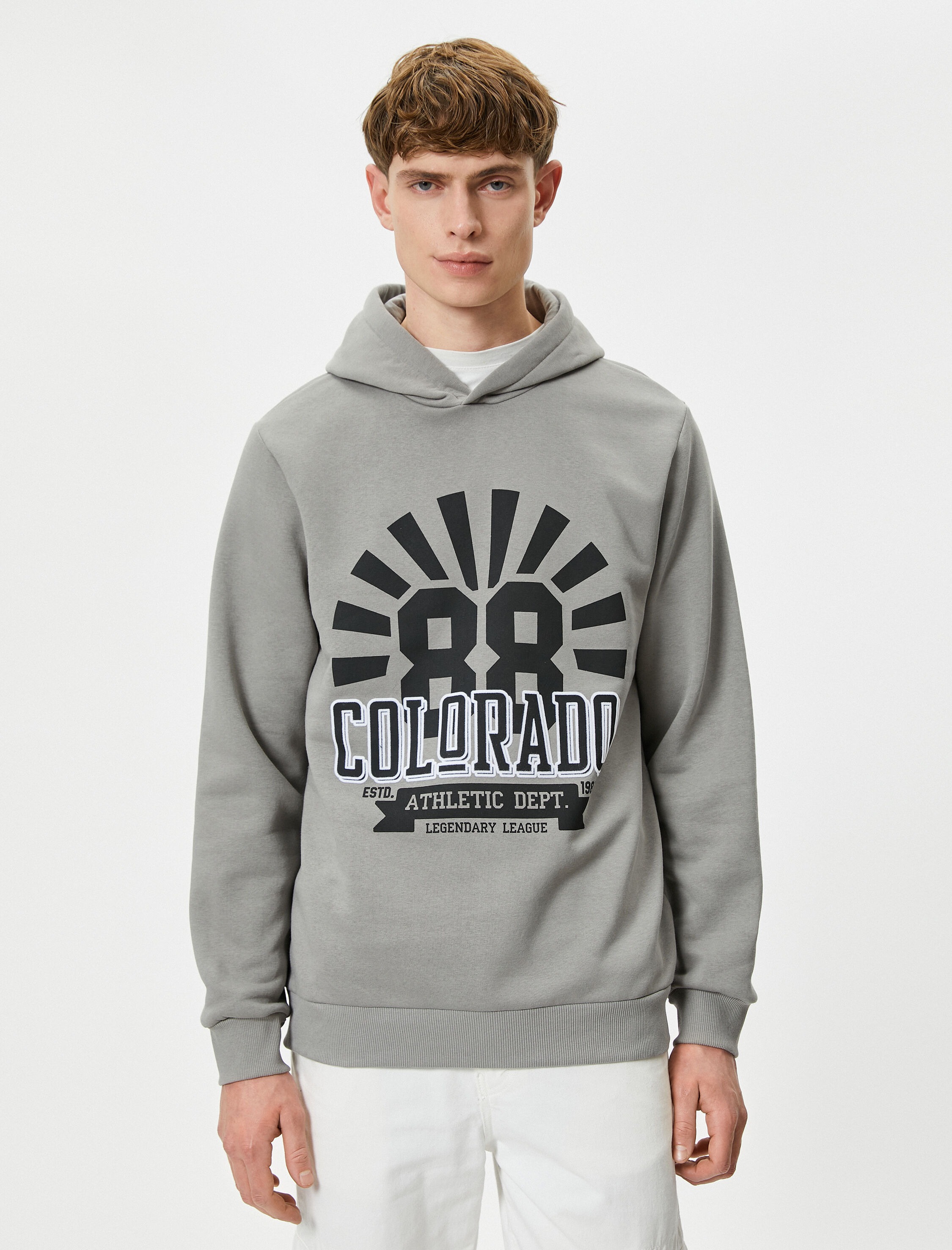   Kapşonlu Sweatshirt Kolej Baskılı Uzun Kollu Ribanalı Şardonlu