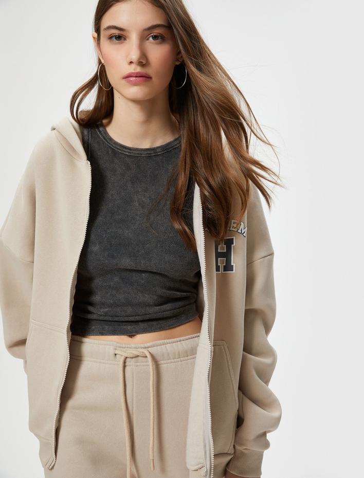  Şardonlu Fermuarlı Kapşonlu Sweatshirt Kolej Temalı Arkası Baskılı Kanguru Cepli Rahat Kalıp