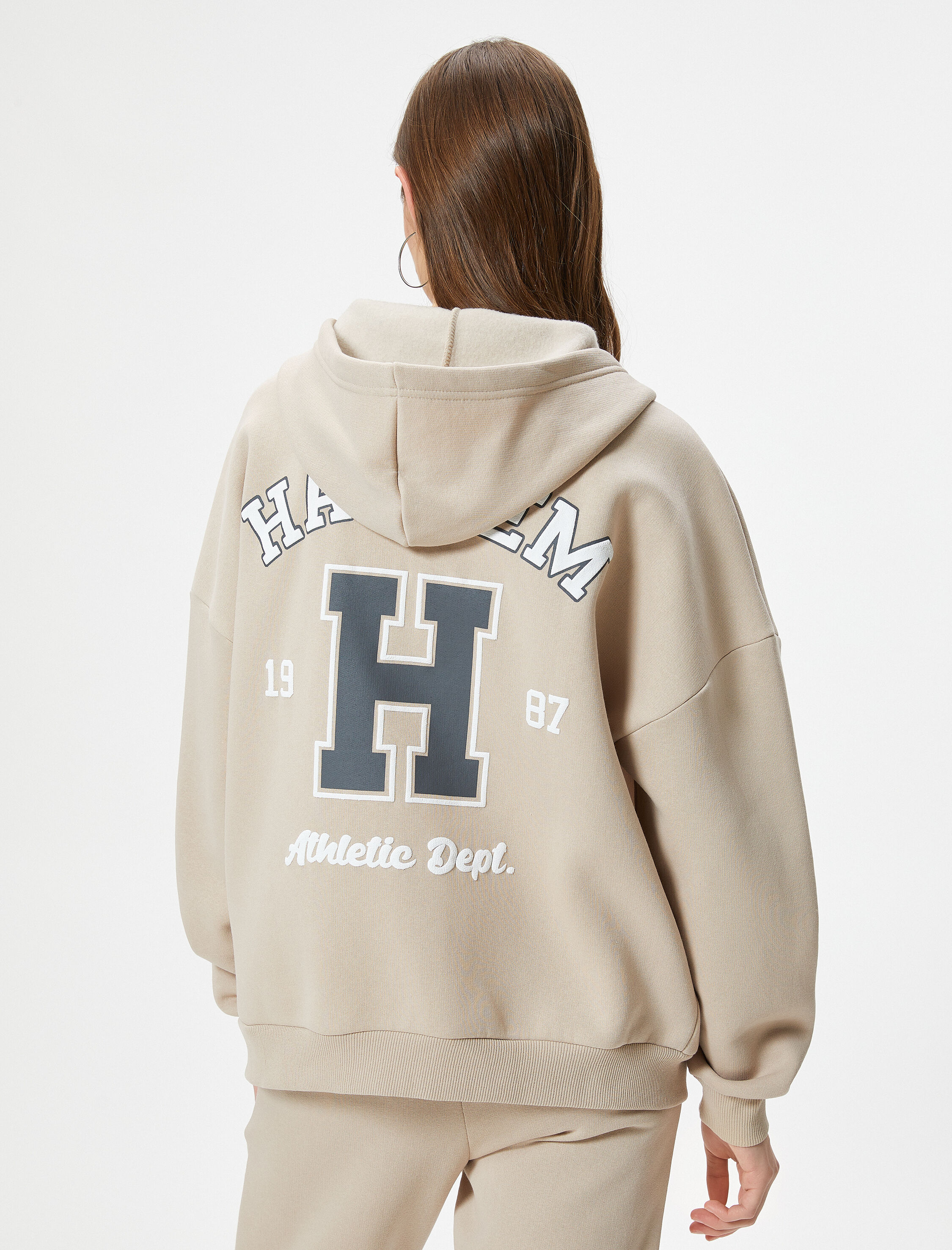   Şardonlu Fermuarlı Kapşonlu Sweatshirt Kolej Temalı Arkası Baskılı Kanguru Cepli Rahat Kalıp