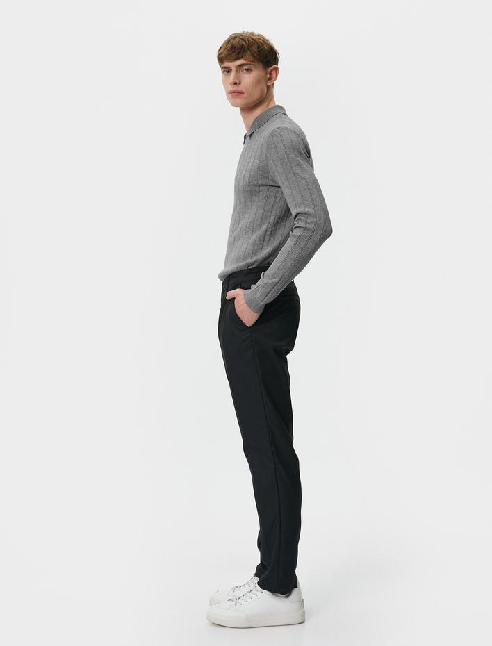  Polo Yaka Kazak Yarım Fermuarlı Slim Fit Dokulu