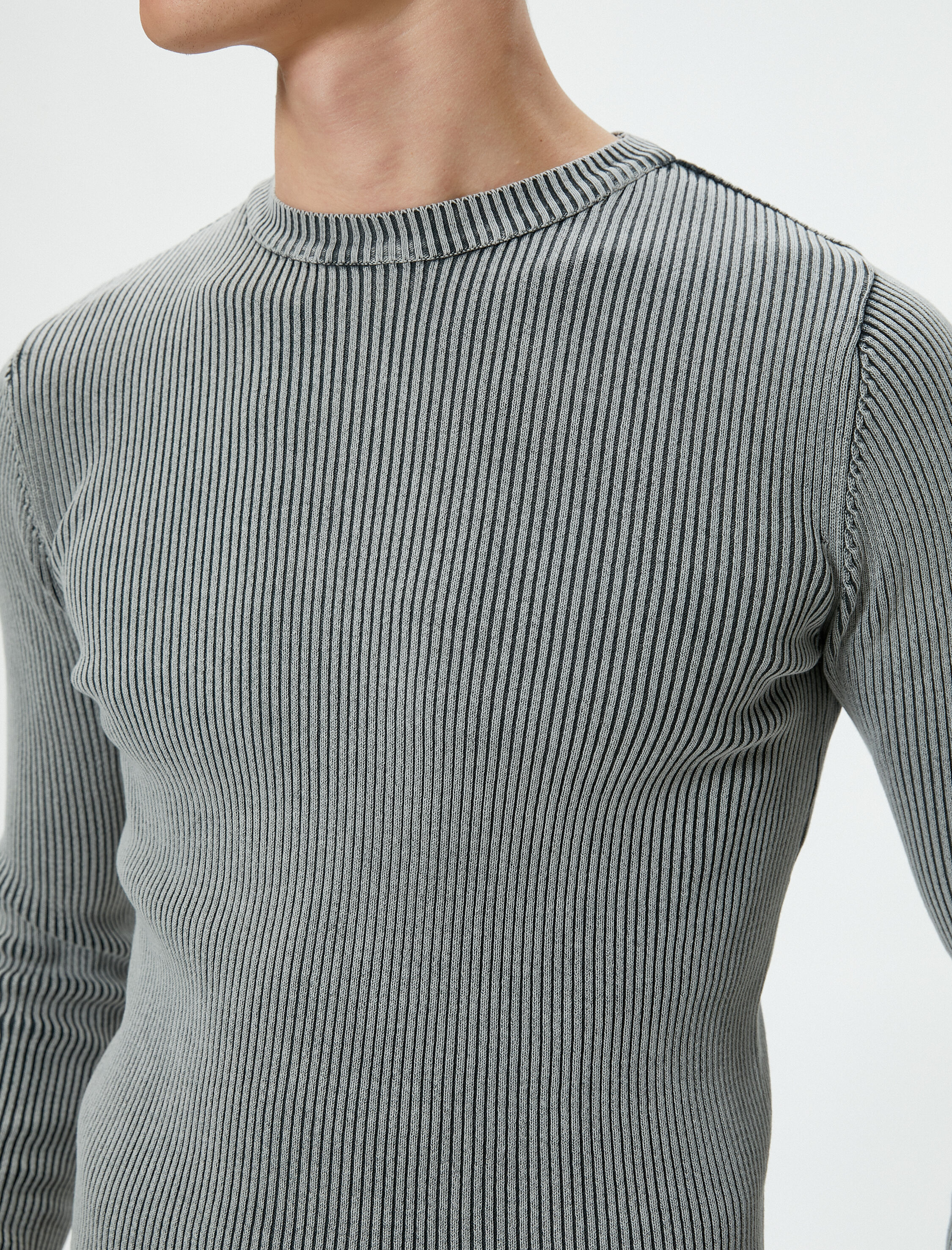   Yıkamalı Triko Kazak Bisiklet Yaka Dokulu Pamuklu