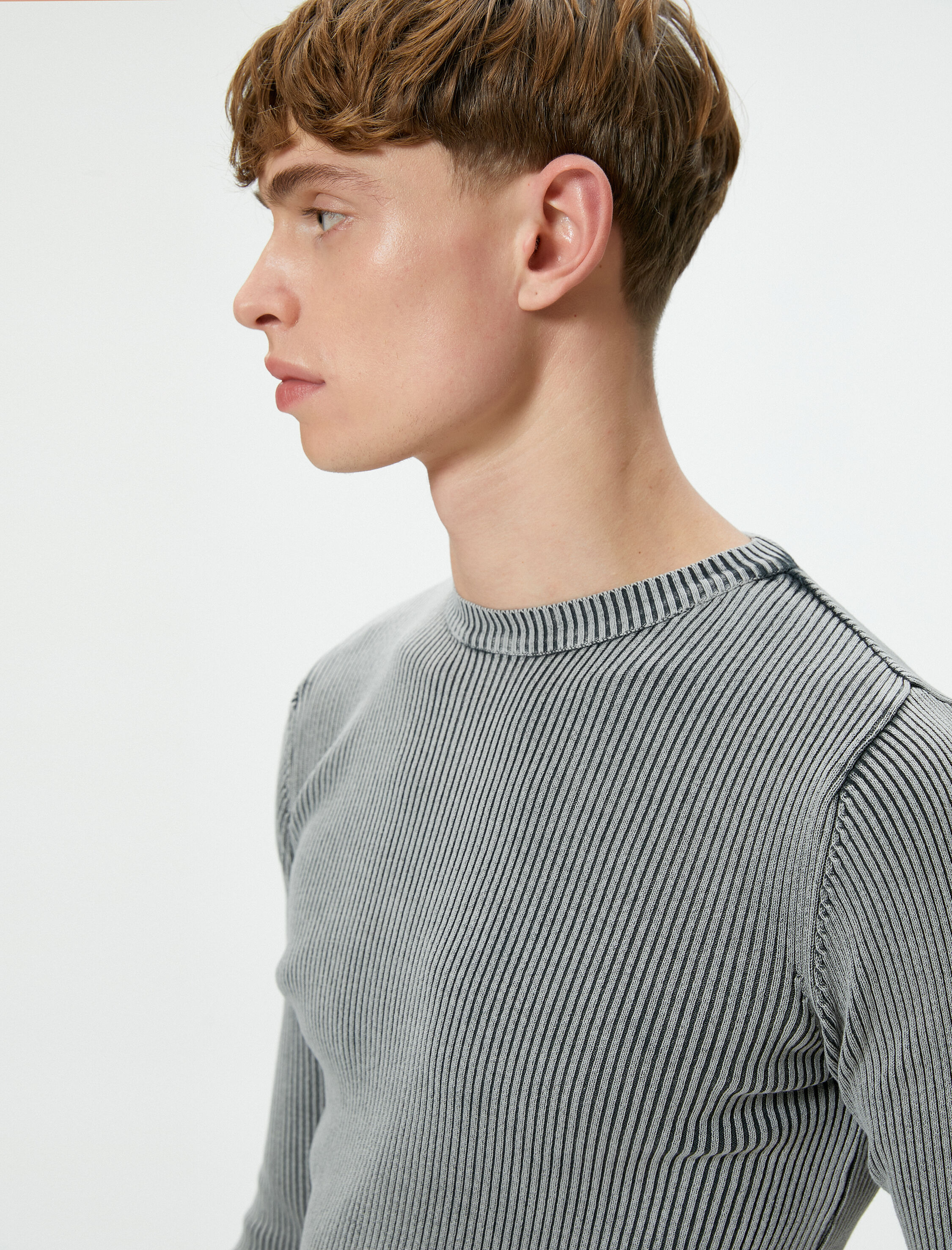   Yıkamalı Triko Kazak Bisiklet Yaka Dokulu Pamuklu