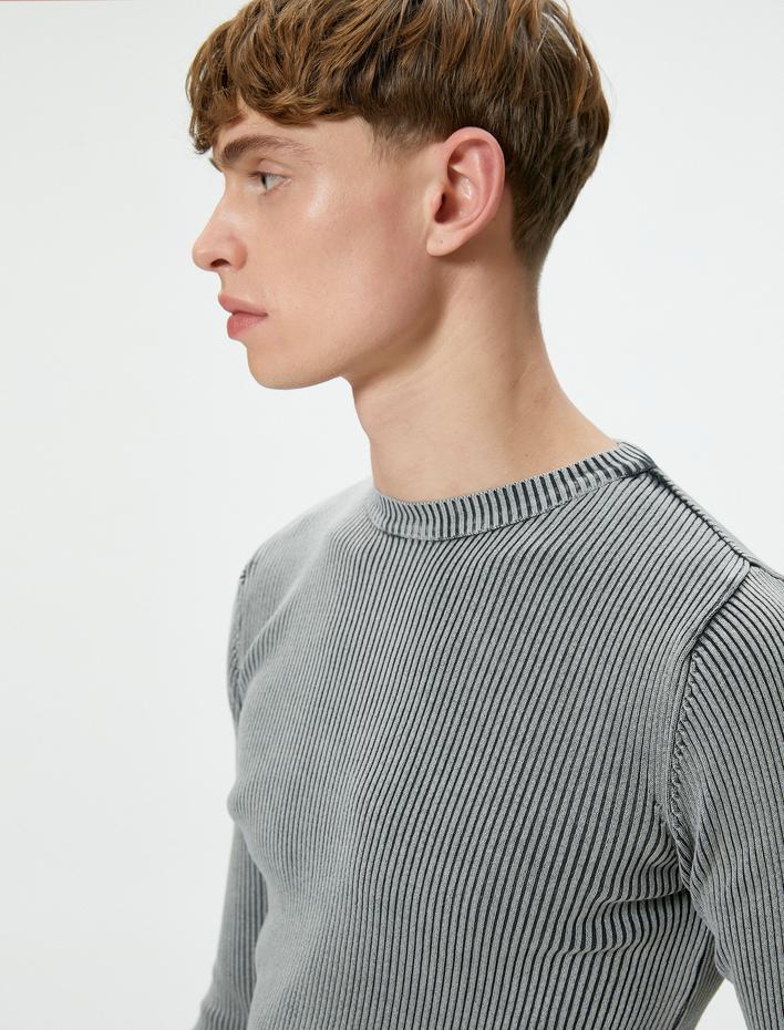  Yıkamalı Triko Kazak Bisiklet Yaka Dokulu Pamuklu