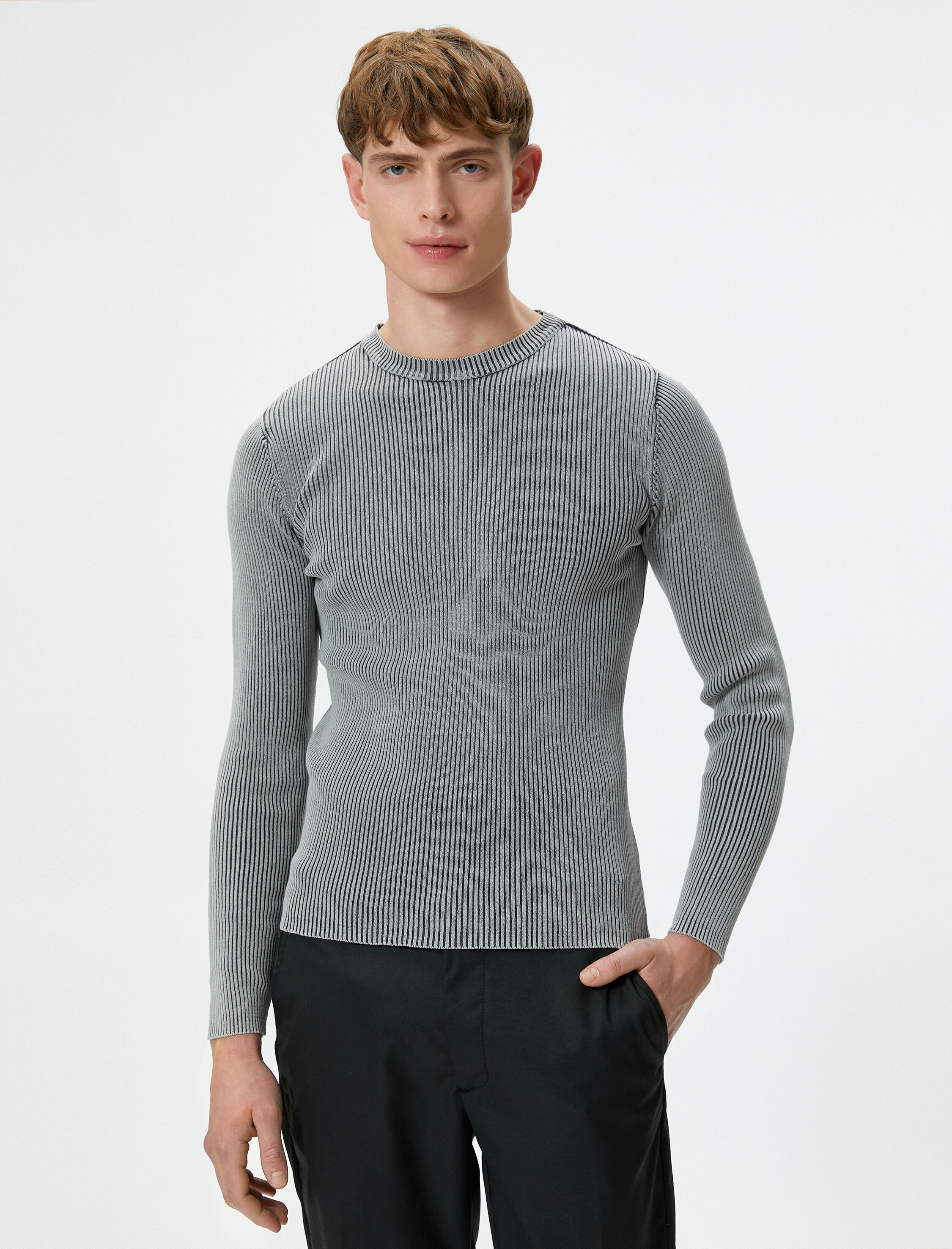   Yıkamalı Triko Kazak Bisiklet Yaka Dokulu Pamuklu