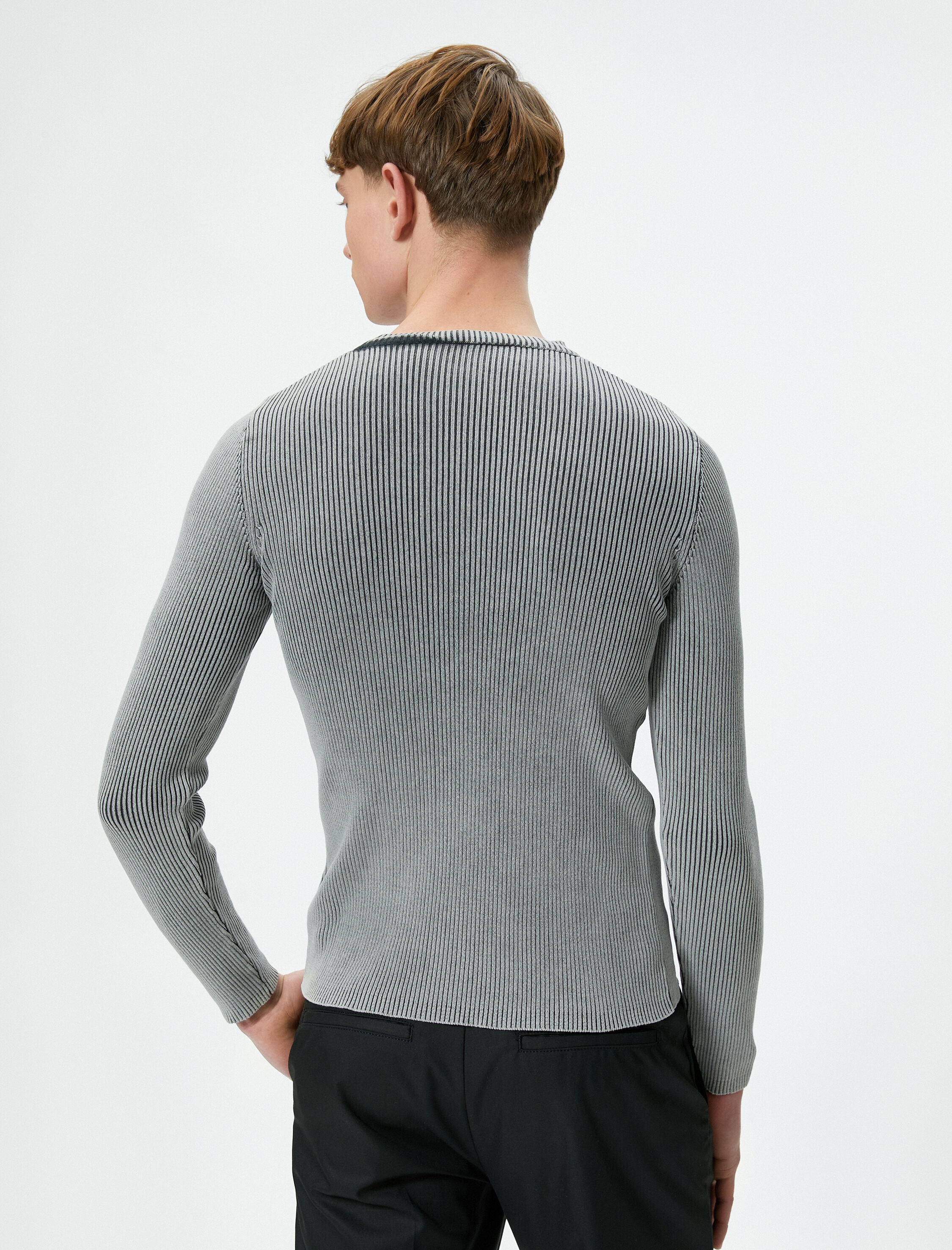   Yıkamalı Triko Kazak Bisiklet Yaka Dokulu Pamuklu