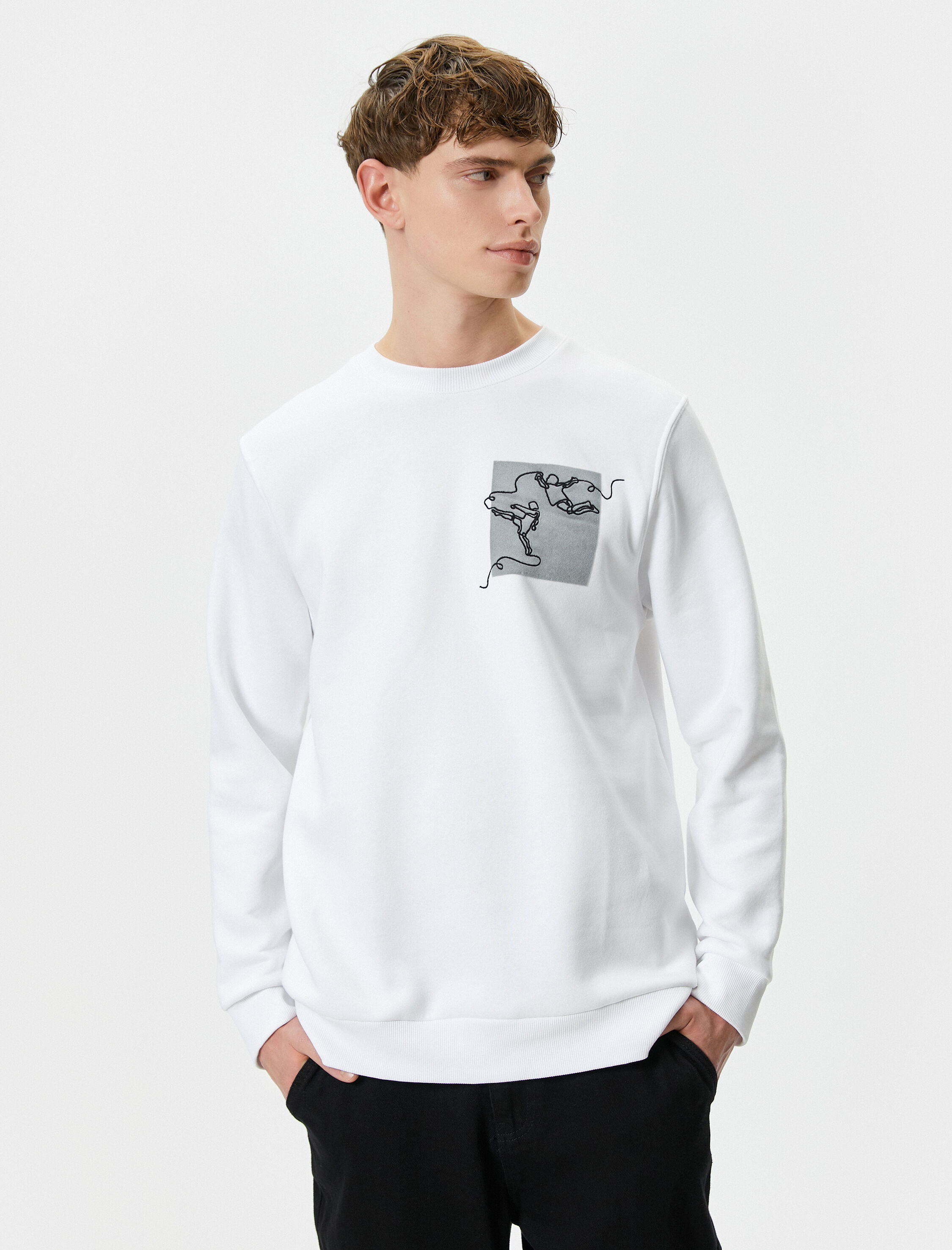   Bisiklet Yaka Sweatshirt Soyut Baskılı Uzun Kollu Ribanalı Şardonlu