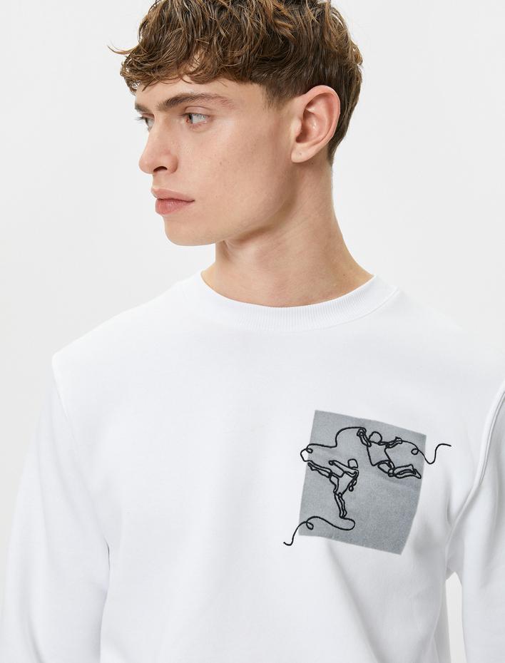  Bisiklet Yaka Sweatshirt Soyut Baskılı Uzun Kollu Ribanalı Şardonlu