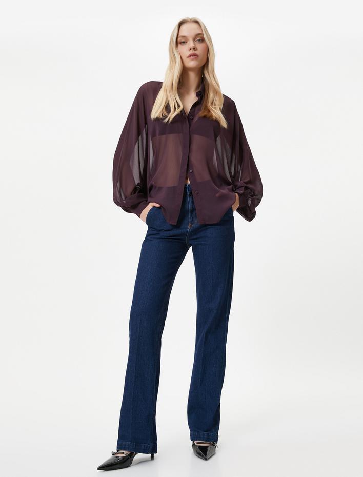  Şifon Transparan Gömlek Balon Kollu Düğmeli