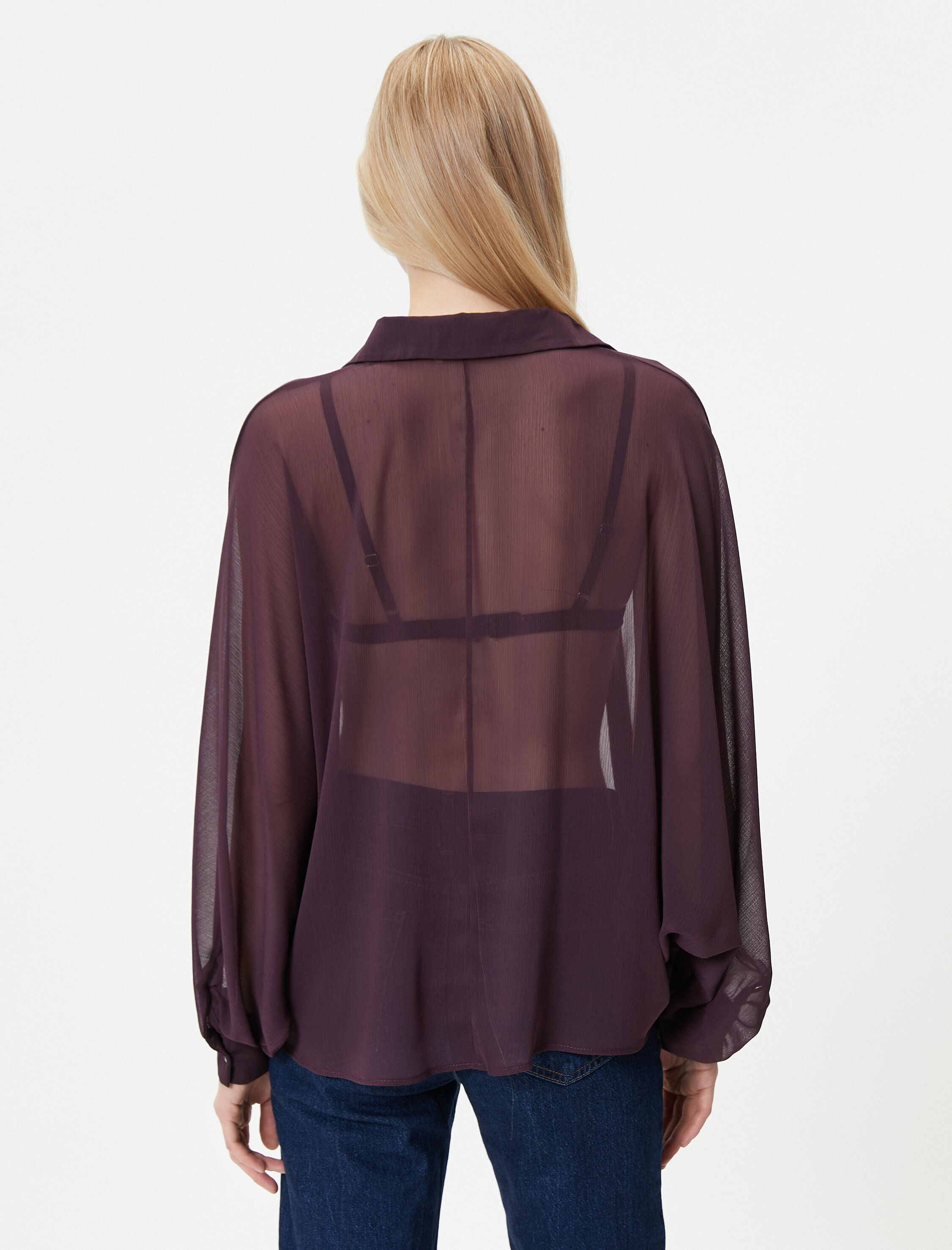   Şifon Transparan Gömlek Balon Kollu Düğmeli