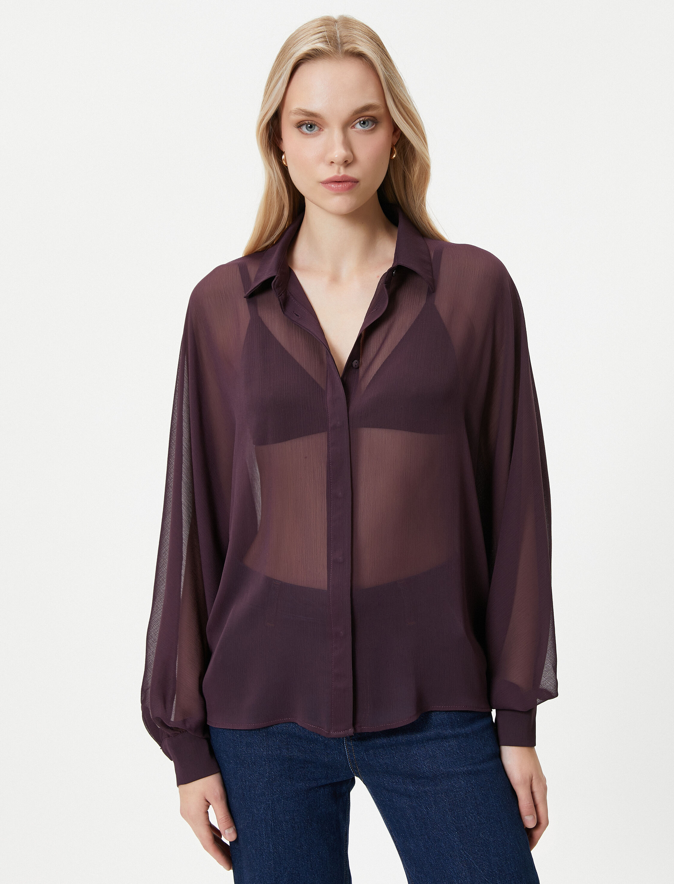   Şifon Transparan Gömlek Balon Kollu Düğmeli