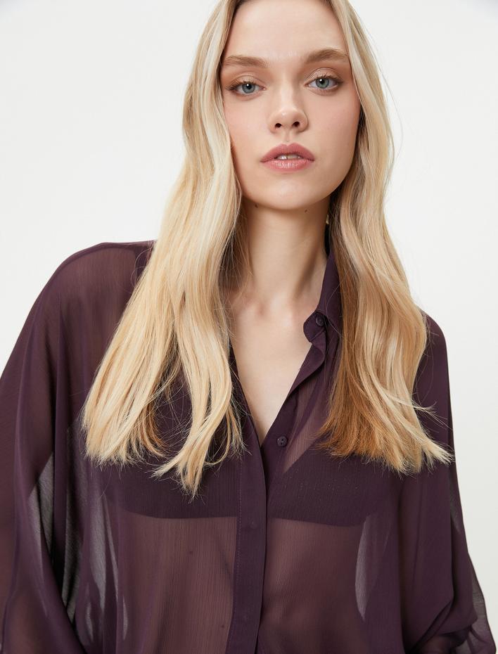  Şifon Transparan Gömlek Balon Kollu Düğmeli