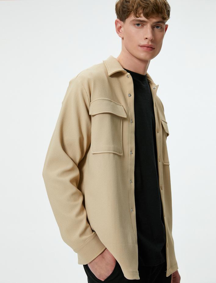  Kışlık Gömlek Cep Detaylı Çıtçıt Düğmeli Klasik Yaka Dokulu