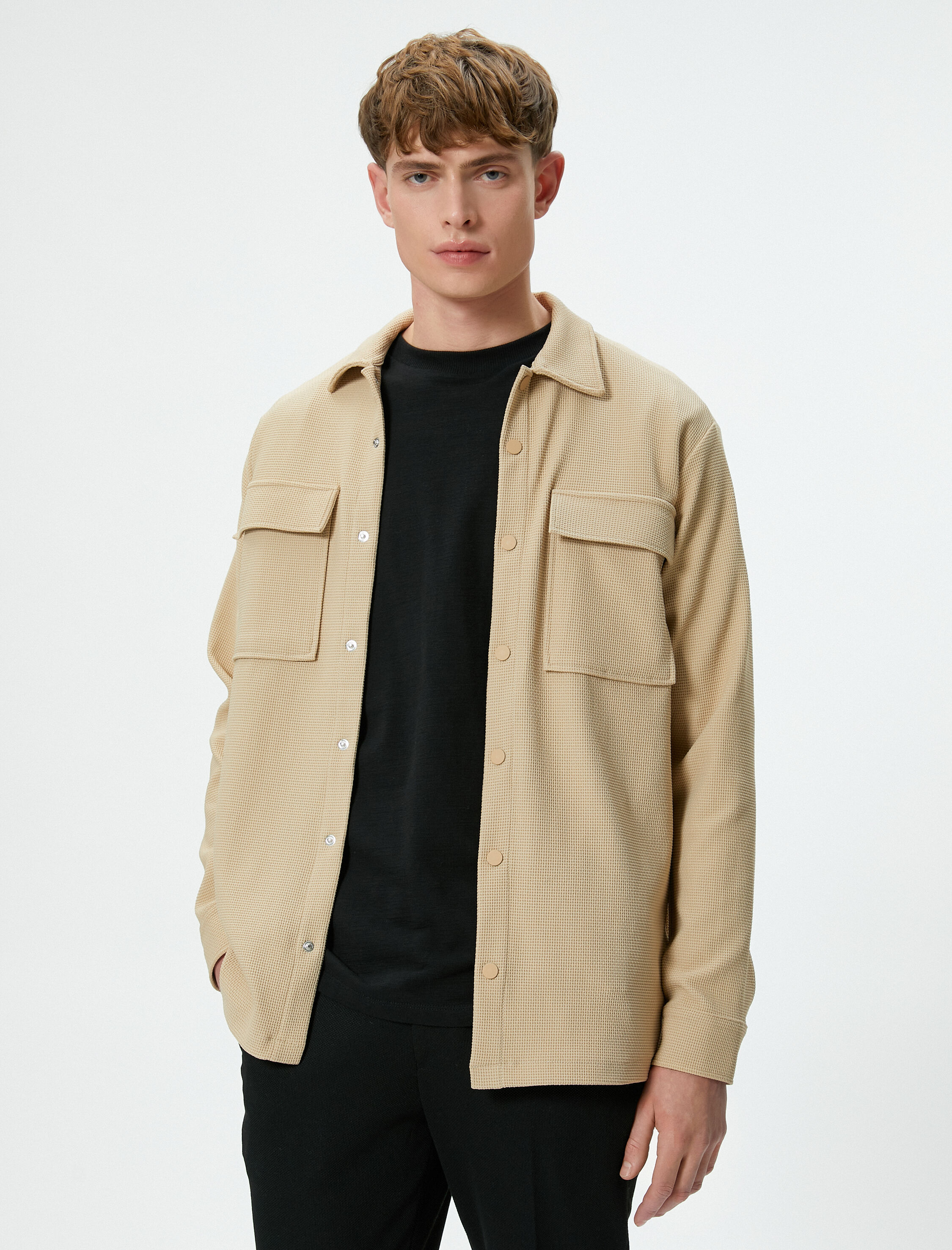   Kışlık Gömlek Cep Detaylı Çıtçıt Düğmeli Klasik Yaka Dokulu