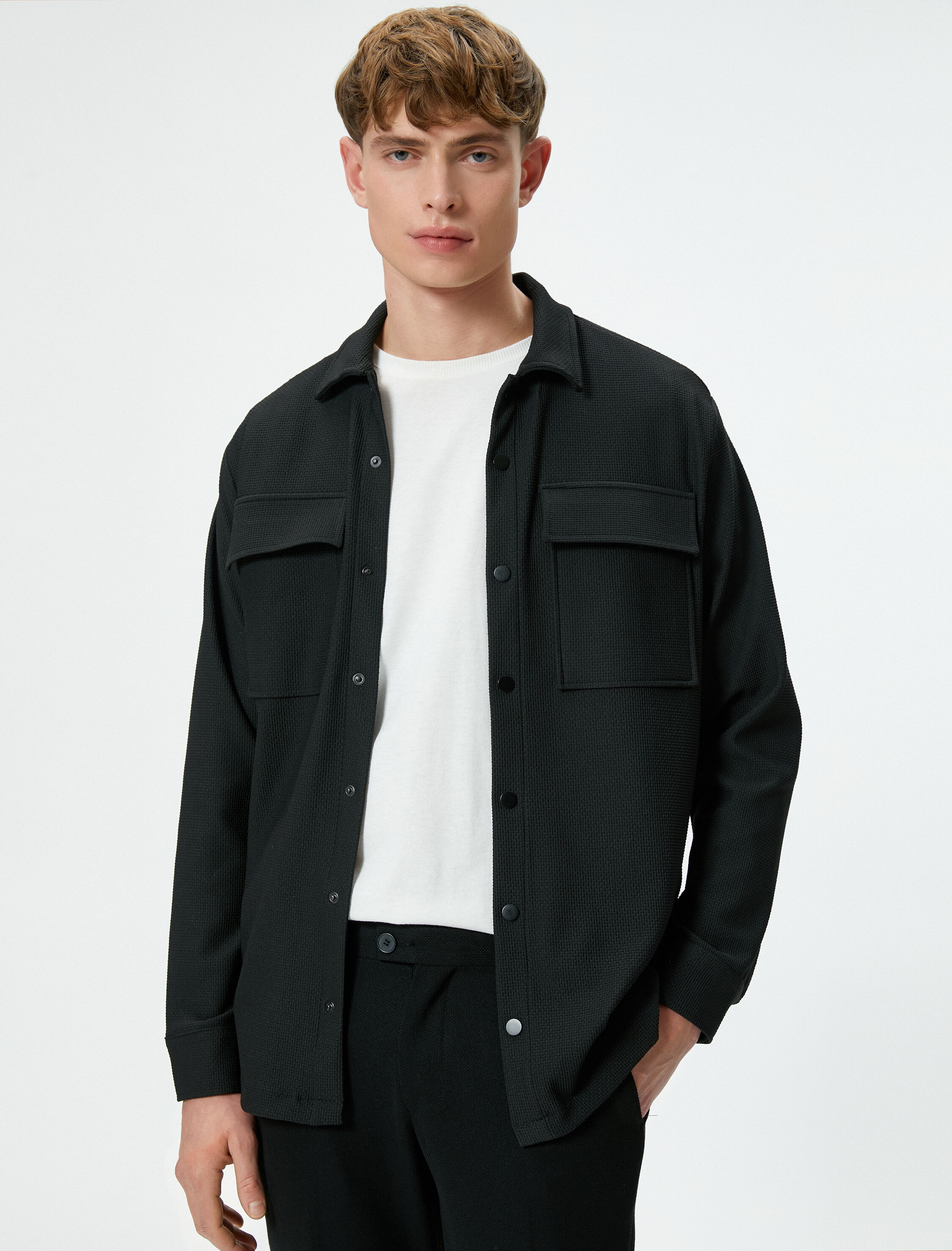   Kışlık Gömlek Cep Detaylı Çıtçıt Düğmeli Klasik Yaka Dokulu