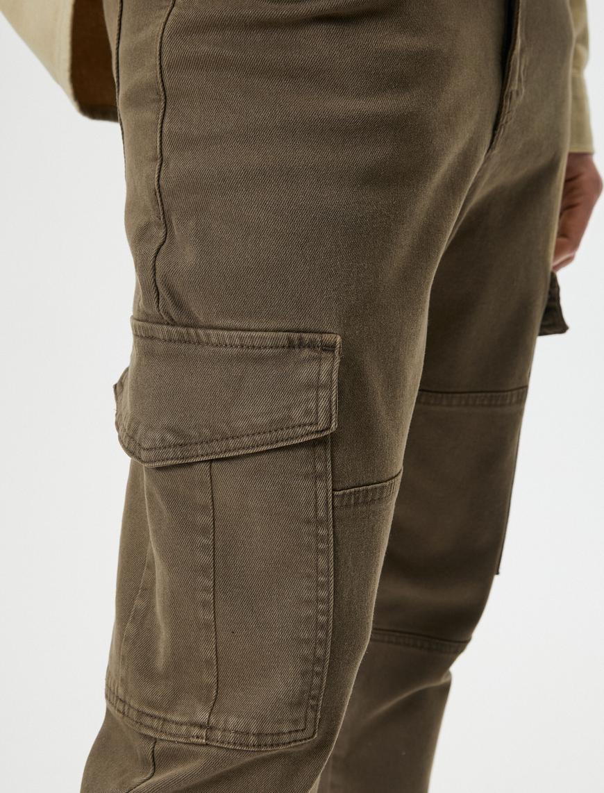   Yıkamalı Pantolon Kargo Cepli Dikiş Detaylı Slim Fit Düğmeli