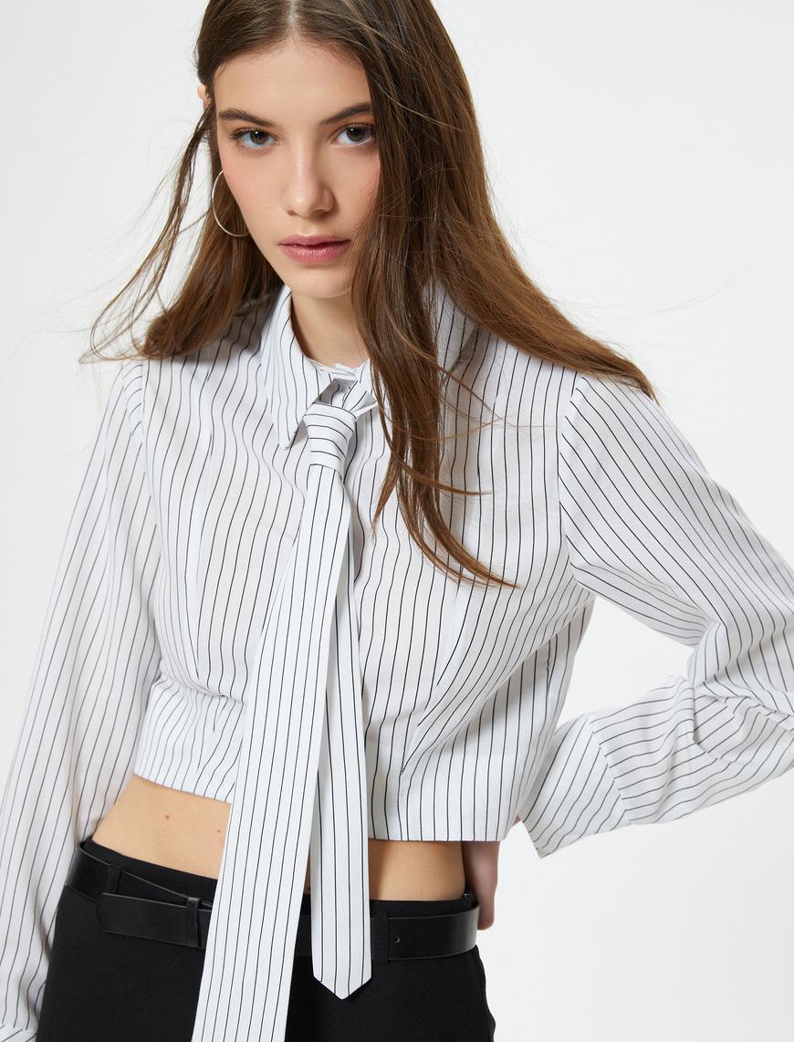   Crop Gömlek Uzun Kollu Kravat Detaylı Klasik Yaka Pamuk Karışımlı