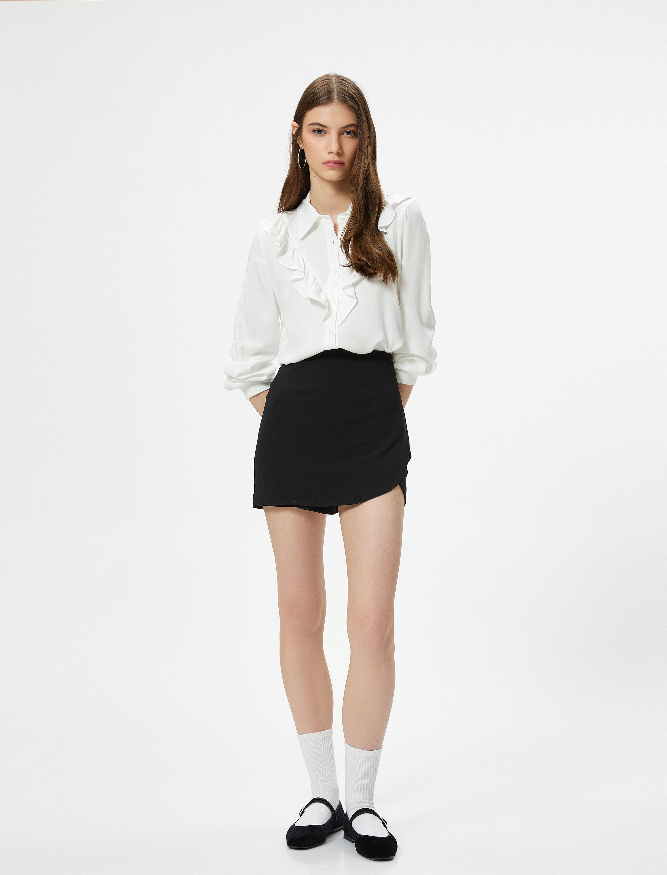   Fırfırlı Bluz Uzun Kollu Gömlek Yaka Viskon Kumaş Düğmeli