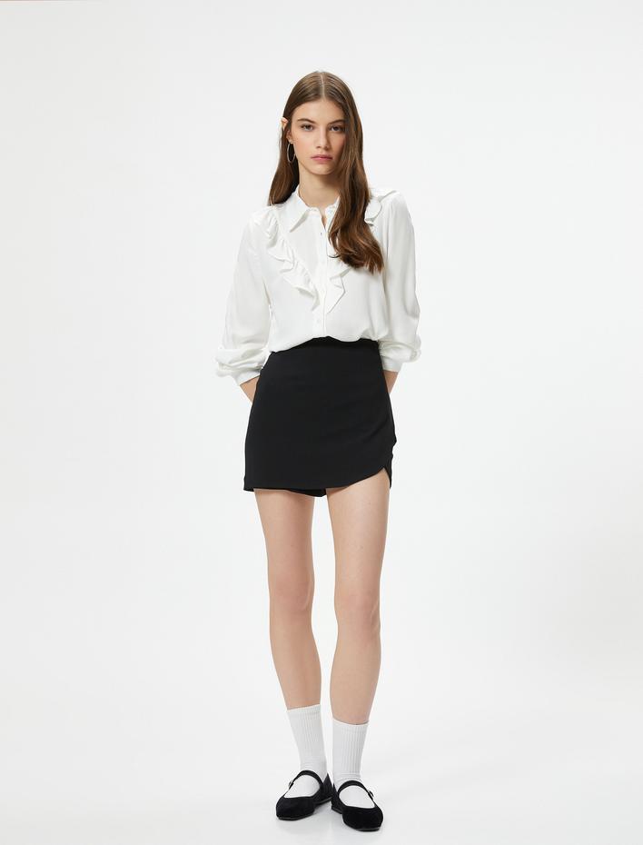  Fırfırlı Bluz Uzun Kollu Gömlek Yaka Viskon Kumaş Düğmeli