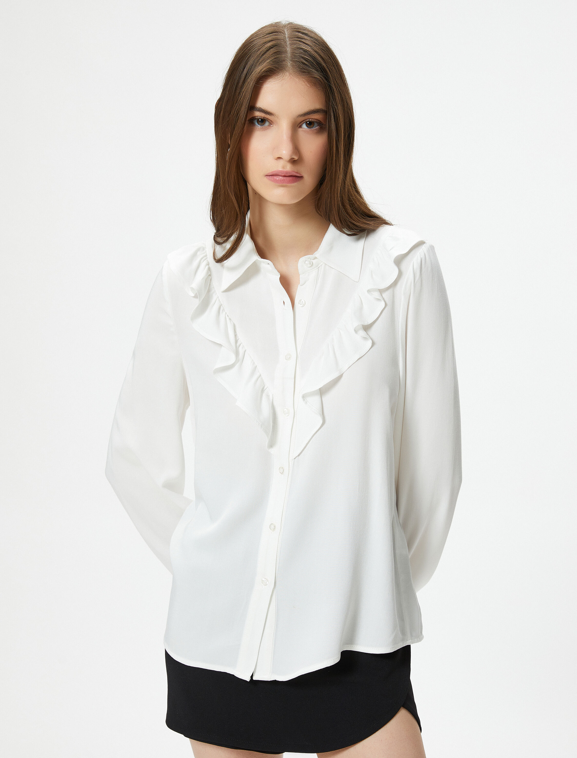   Fırfırlı Bluz Uzun Kollu Gömlek Yaka Viskon Kumaş Düğmeli