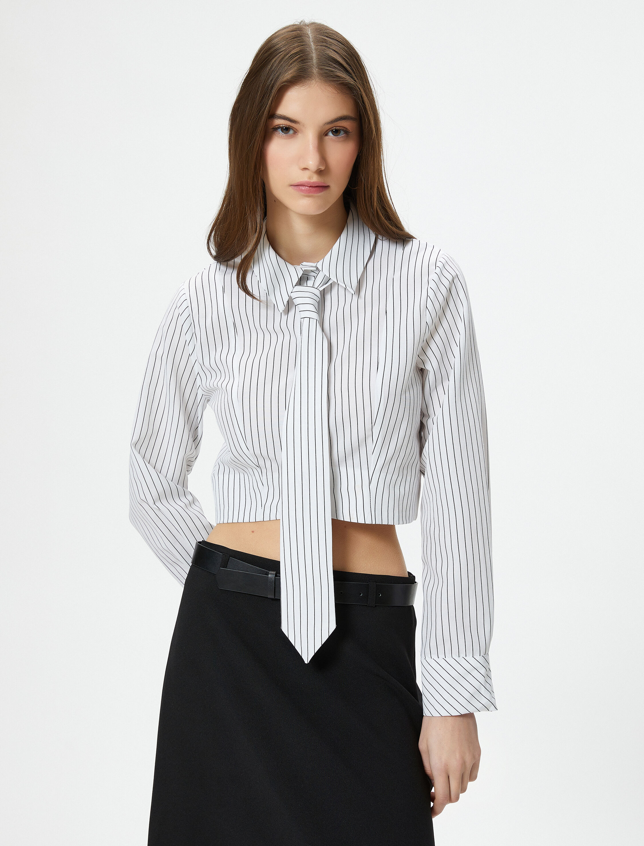   Crop Gömlek Uzun Kollu Kravat Detaylı Klasik Yaka Pamuk Karışımlı