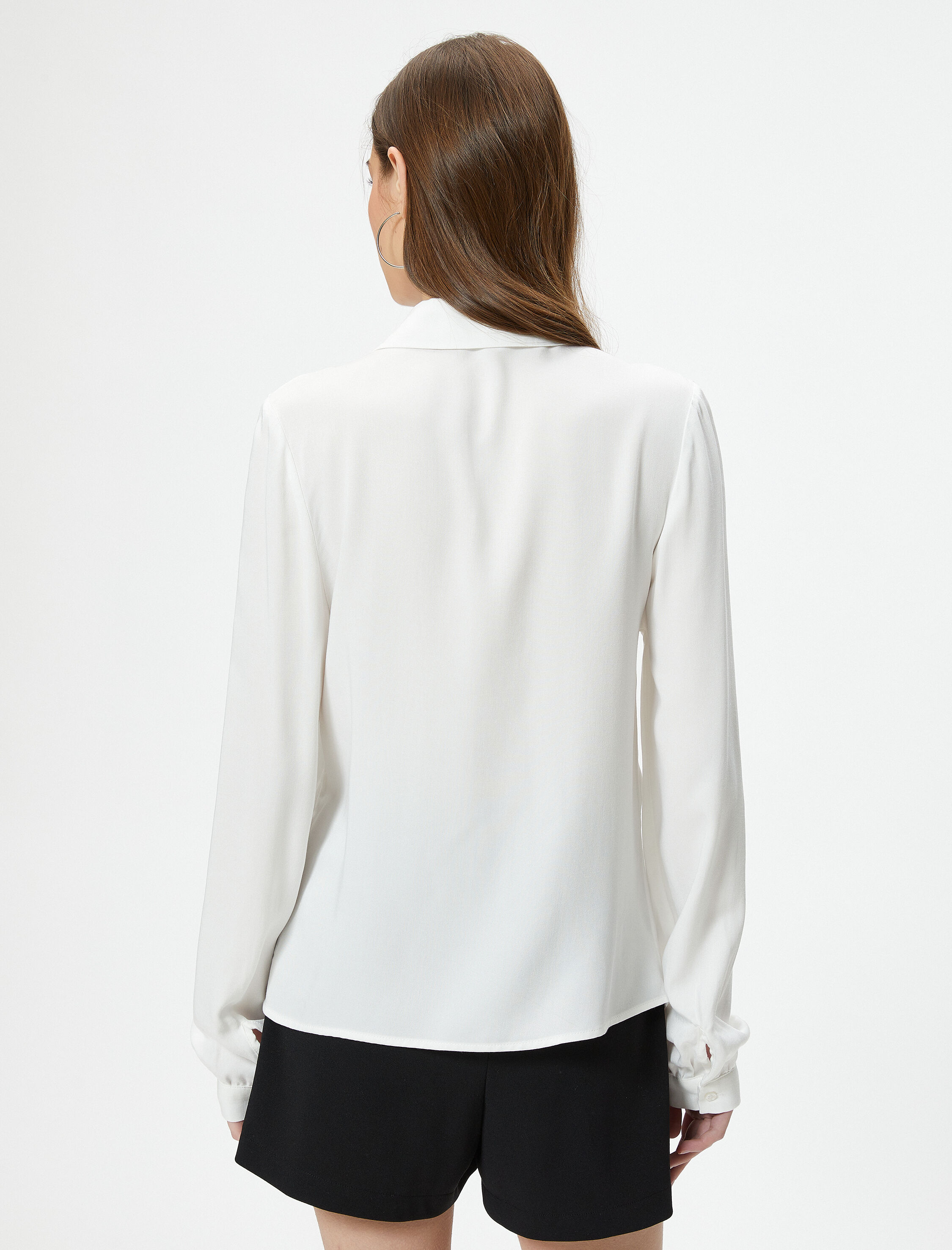   Fırfırlı Bluz Uzun Kollu Gömlek Yaka Viskon Kumaş Düğmeli