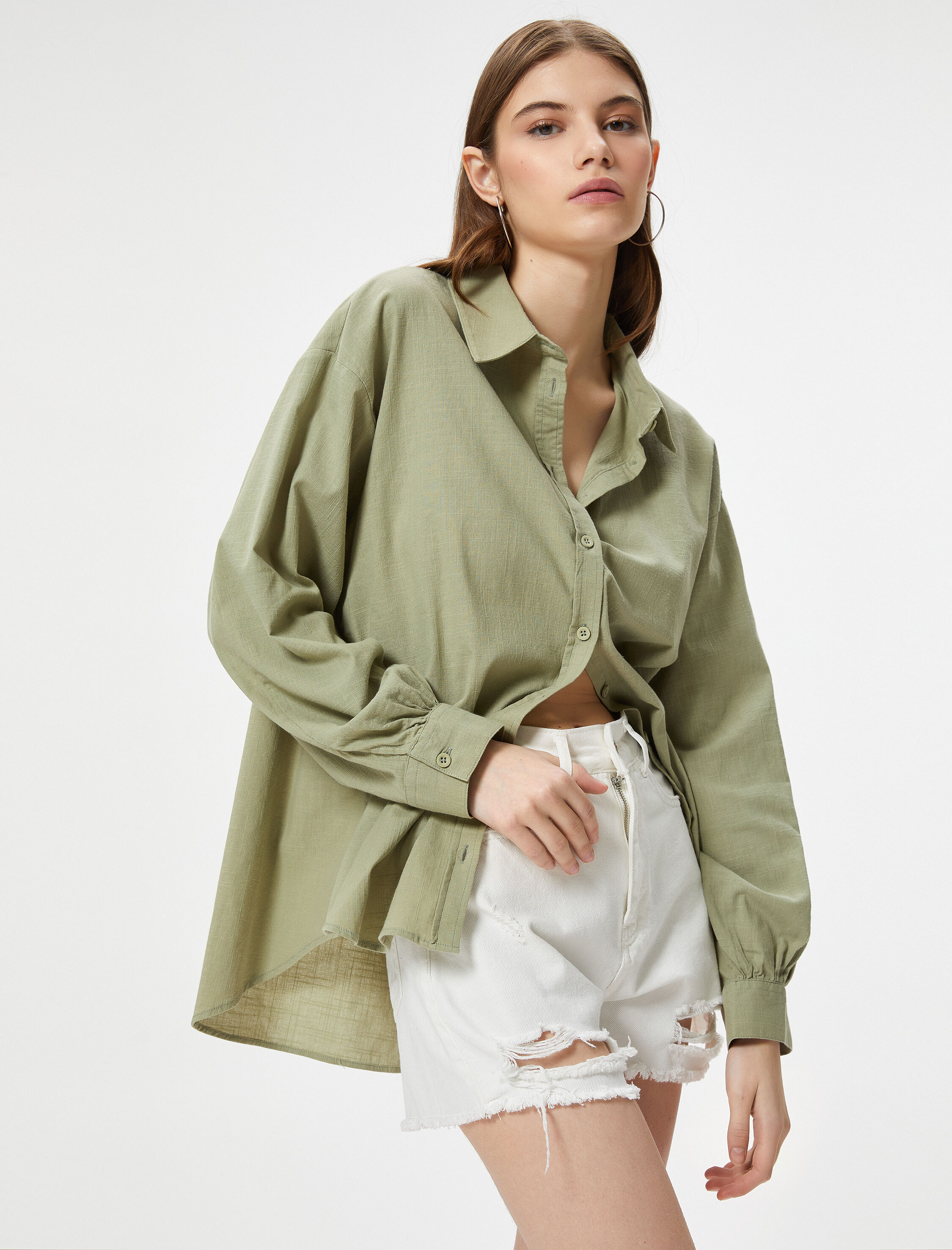   Oversize Gömlek Uzun Kollu Klasik Yaka Pamuklu