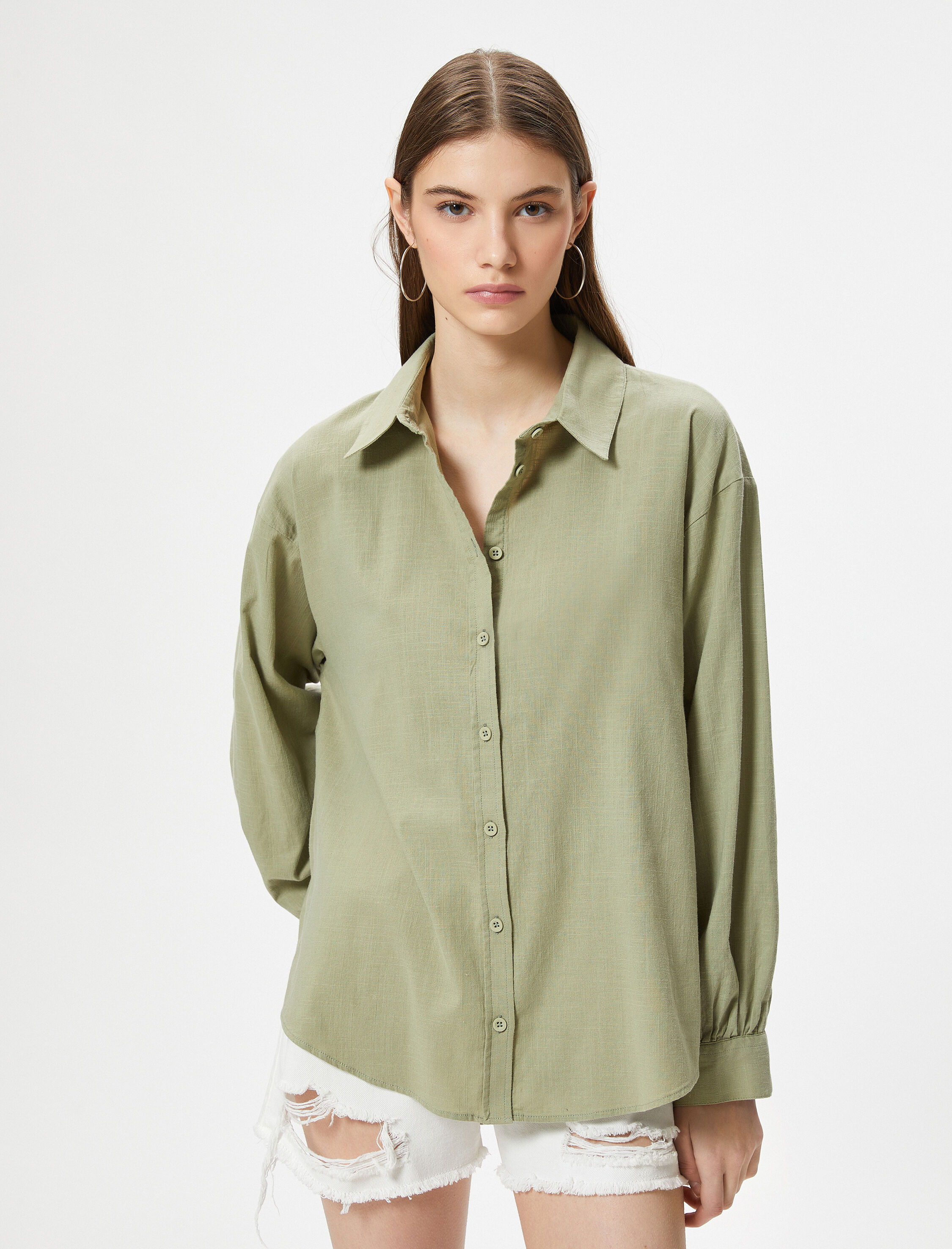   Oversize Gömlek Uzun Kollu Klasik Yaka Pamuklu