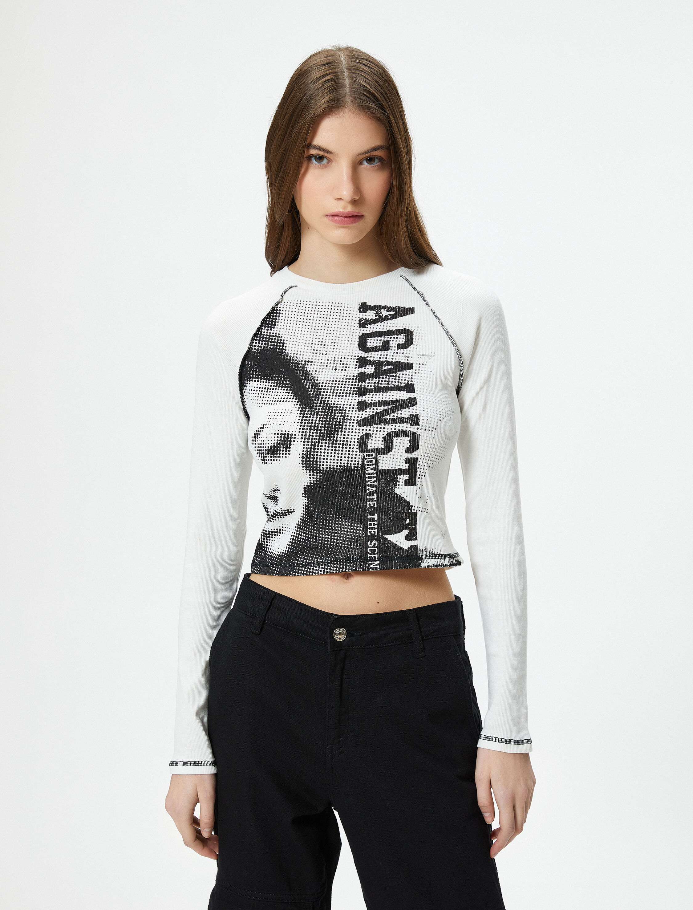   Uzun Kollu Tişört Fotoğraf Baskılı Bisiklet Yaka Pamuklu Slim Fit