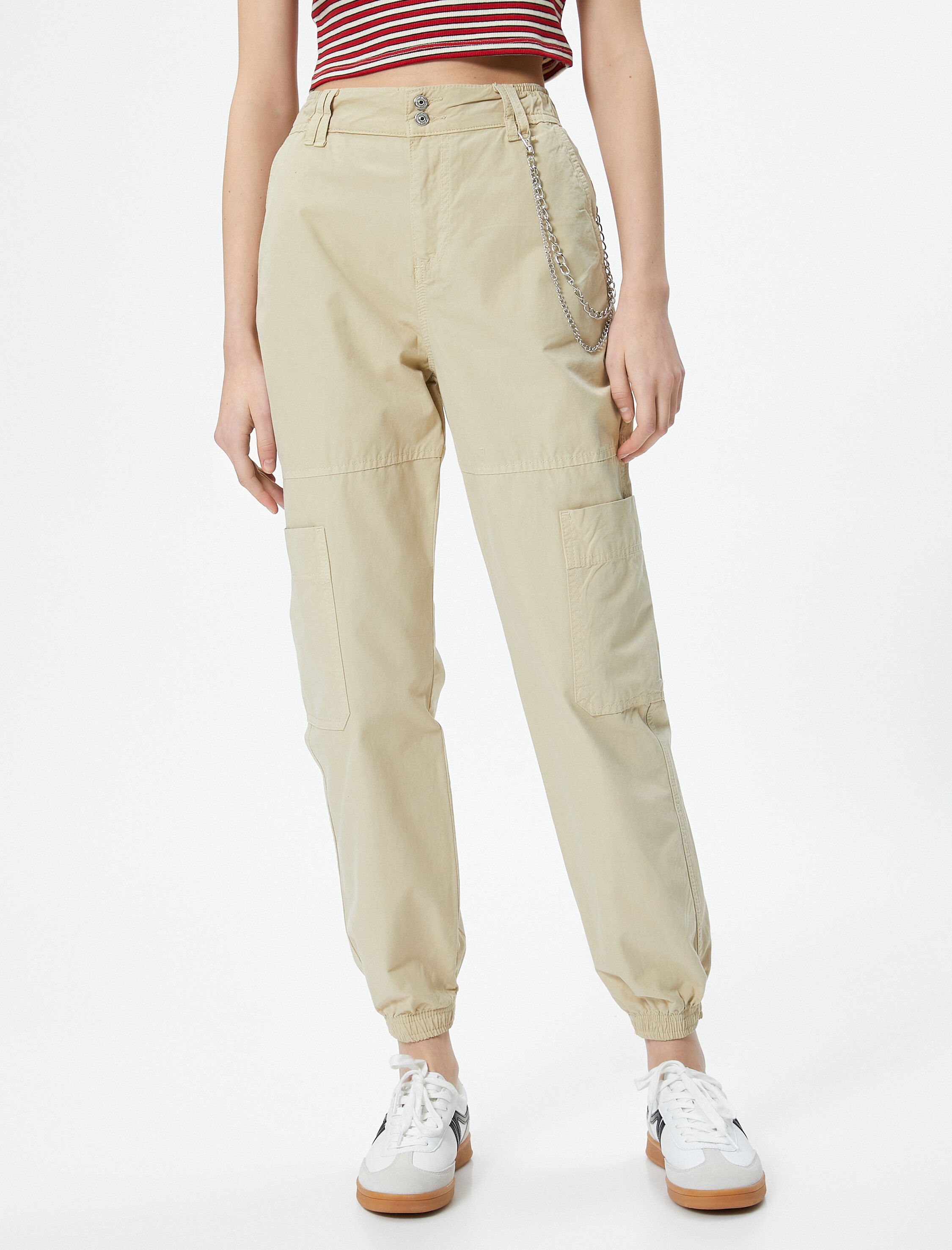Kargo Jogger Pantolon Zincir Detaylı Yüksek Bel Pamuklu