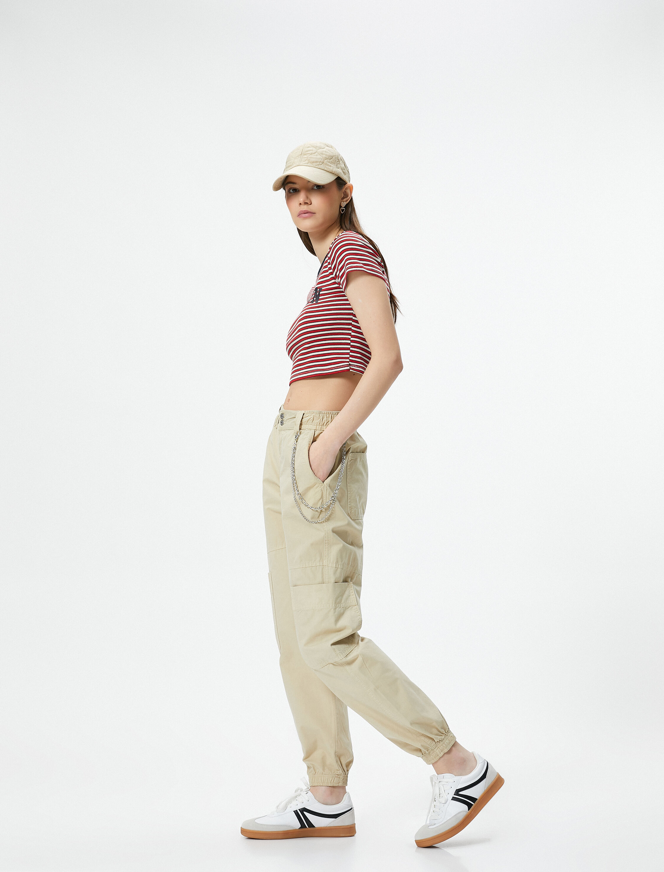 Kargo Jogger Pantolon Zincir Detaylı Yüksek Bel Pamuklu