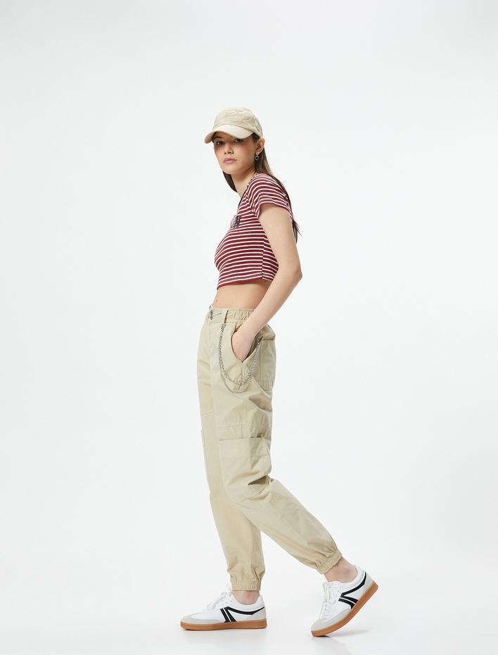  Kargo Jogger Pantolon Zincir Detaylı Yüksek Bel Pamuklu